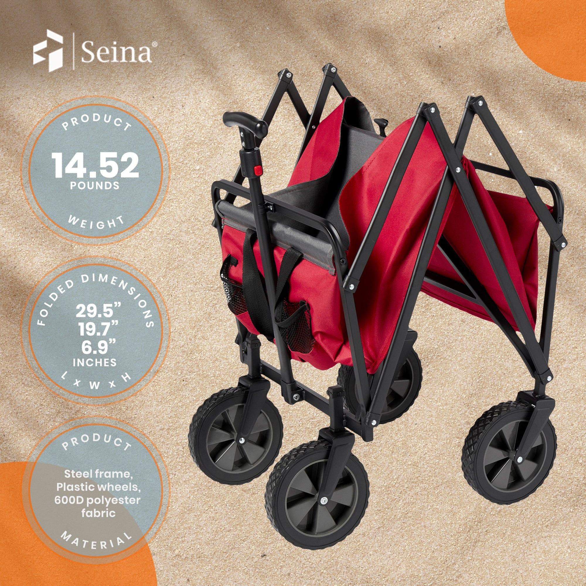 Seina Collapsible Steel Frame Folding Utility Outdoor Garden Cart, Red - VMInnovations
