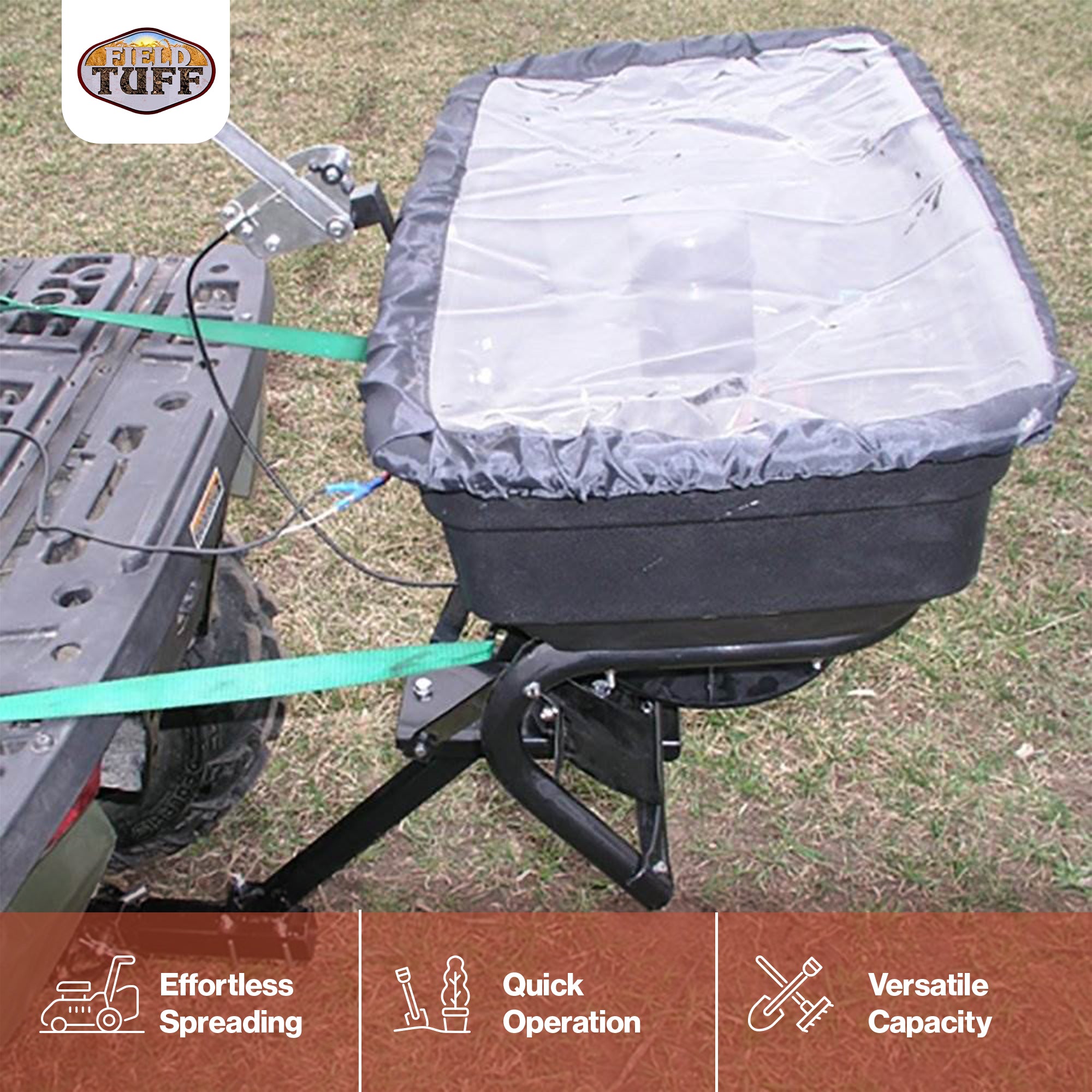 Field Tuff 12V ATV Hitch Mount Receiver 125 lb Grass, Seed, Fertilizer Spreader - VMInnovations