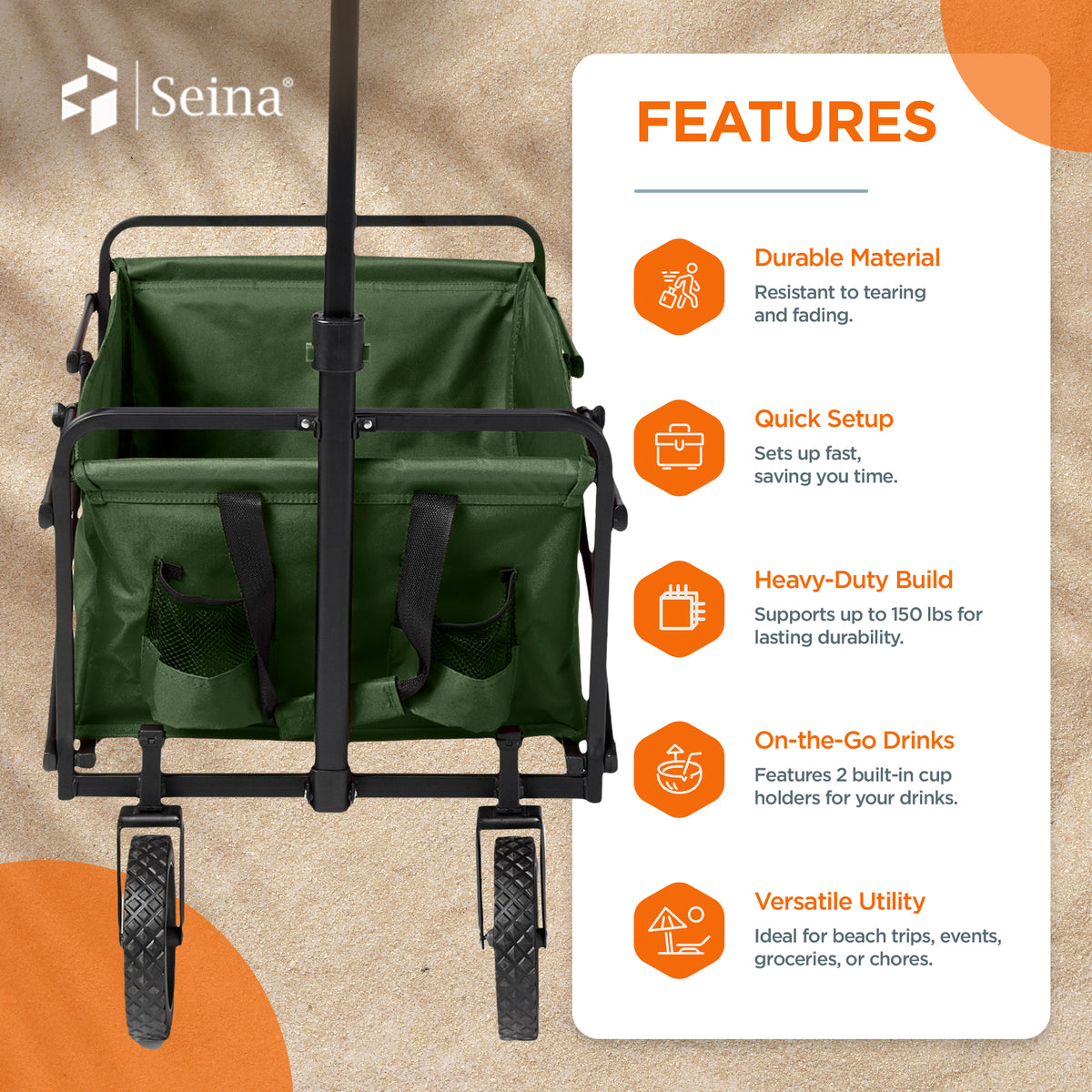 Seina Collapsible Steel Frame Folding Utility Beach Wagon Cart Green (For Parts)
