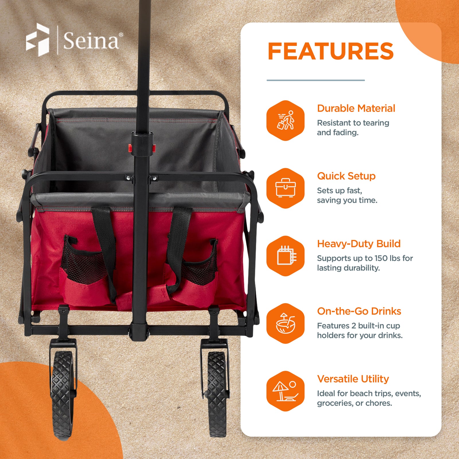 Seina 150lb Capacity Folding Collapsible Steel Utility Wagon Cart, Red/Gray - VMInnovations