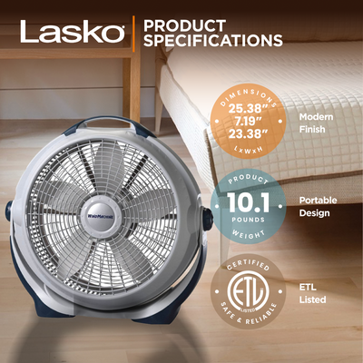 Lasko Wind Machine 3300 20 Inch 3 Speed Cooling Pivoting Head Floor Fan, Gray