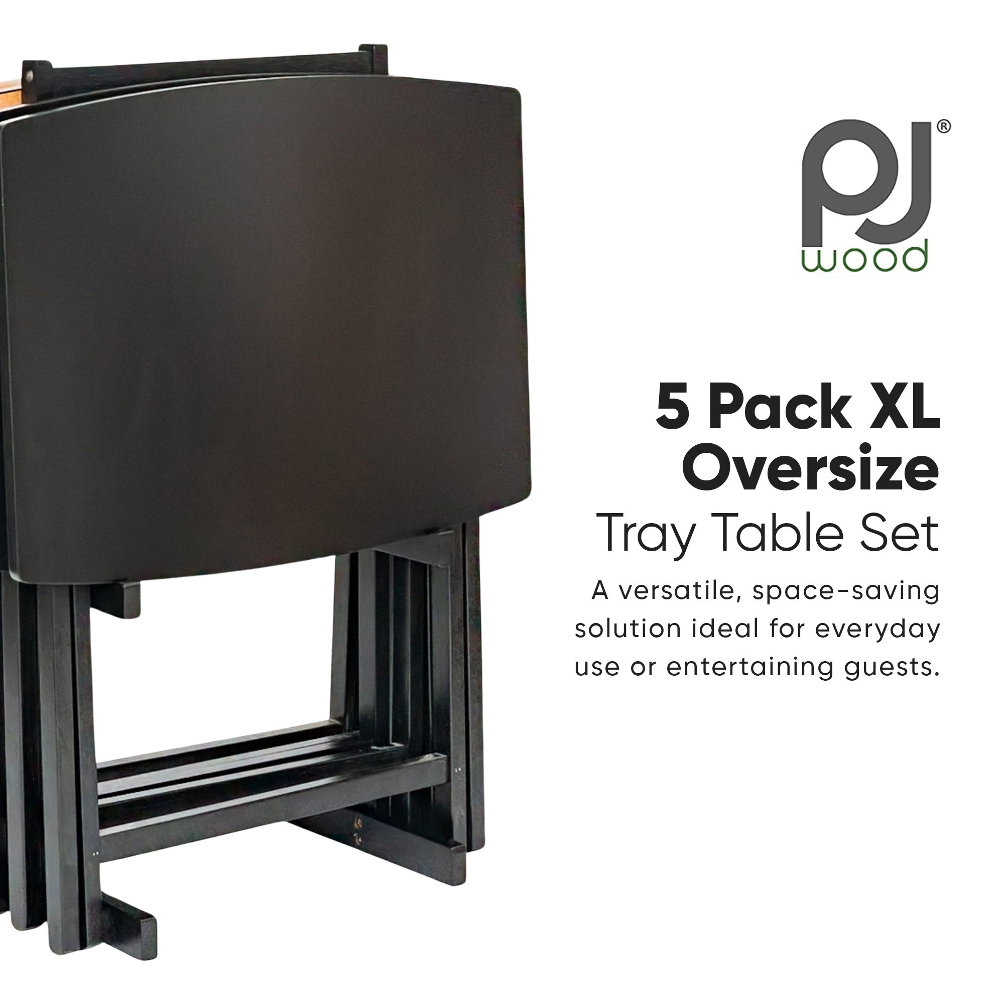 PJ Wood 5pk XL Tray Table Set for Living Room or Kitchen, Black (Open Box) - VMInnovations