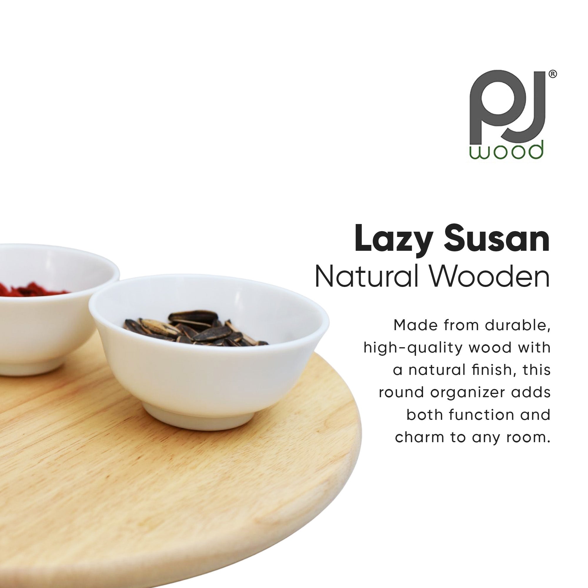 PJ Wood Round Natural Wooden Lazy Susan Organizer Kitchen Cabinet Turntable Tray - VMInnovations