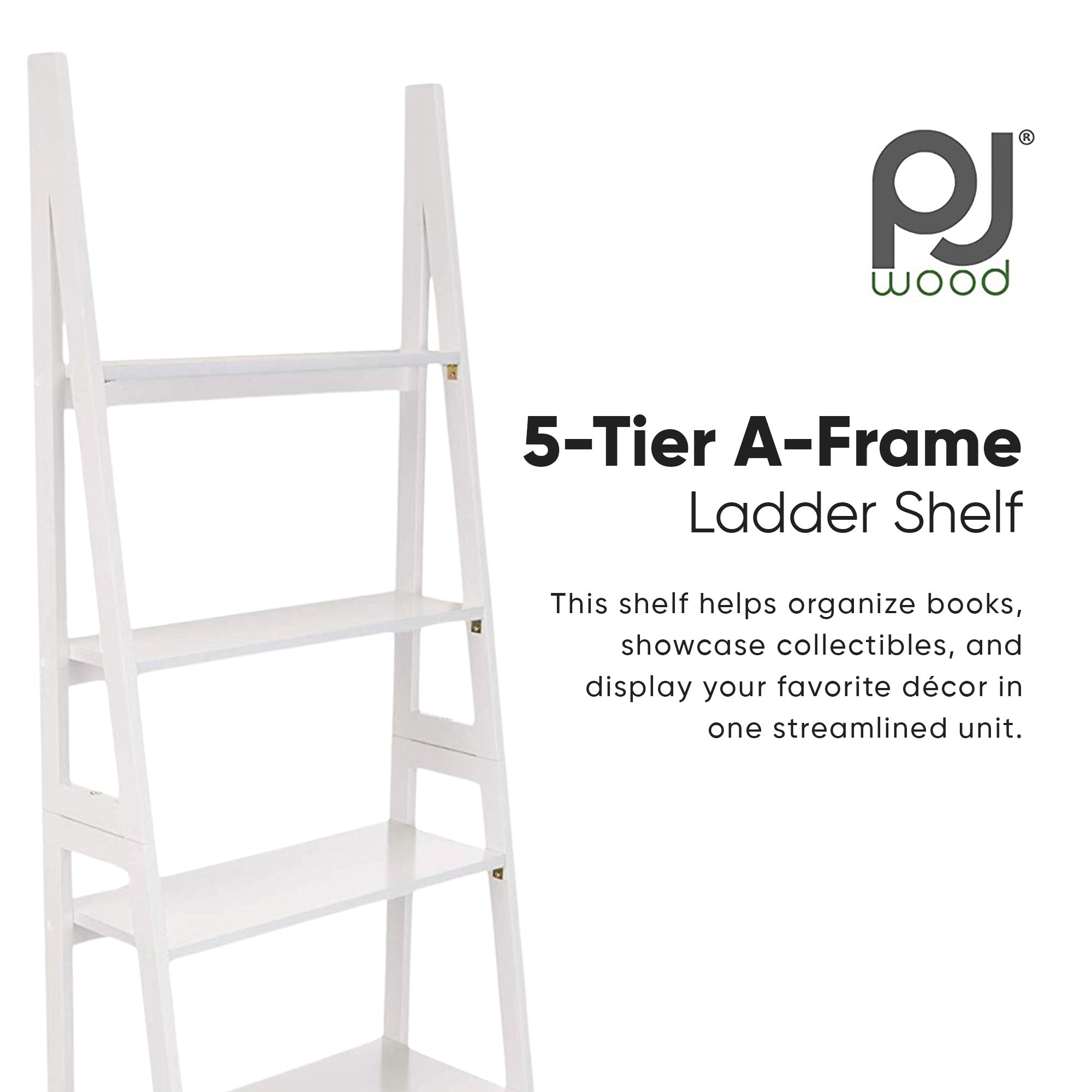 PJ Wood 5 Tier Wooden Ladder Shelf Organizer Bookcase Home Display Stand, White
