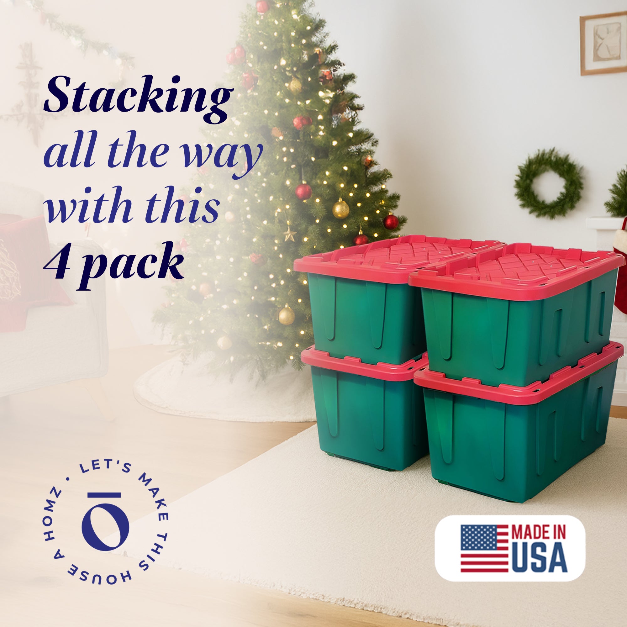 HOMZ Durable 27 Gallon Heavy Duty Holiday Storage Tote, Green/Red, (4 Pack)