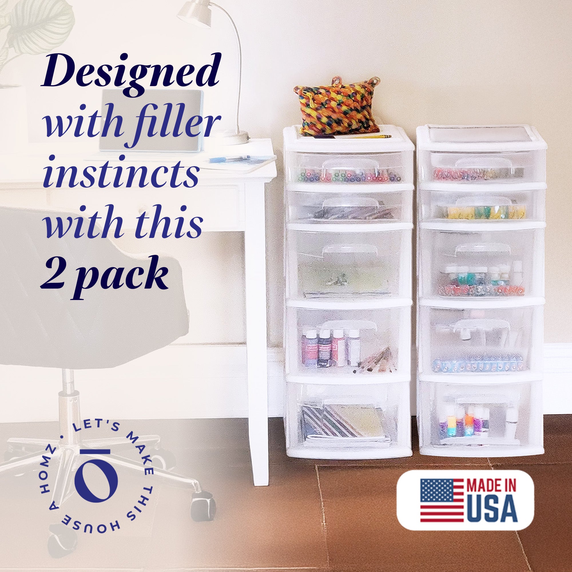 Homz Clear Plastic 5 Drawer Home Storage Container Tower, White Frame (2 Pack)