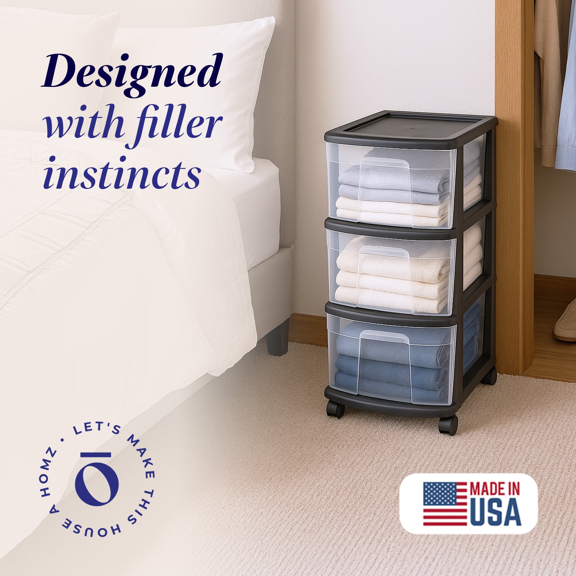 Homz Plastic 3 Drawer Medium Home Storage Container, Clear Drawers & Black Frame - VMInnovations