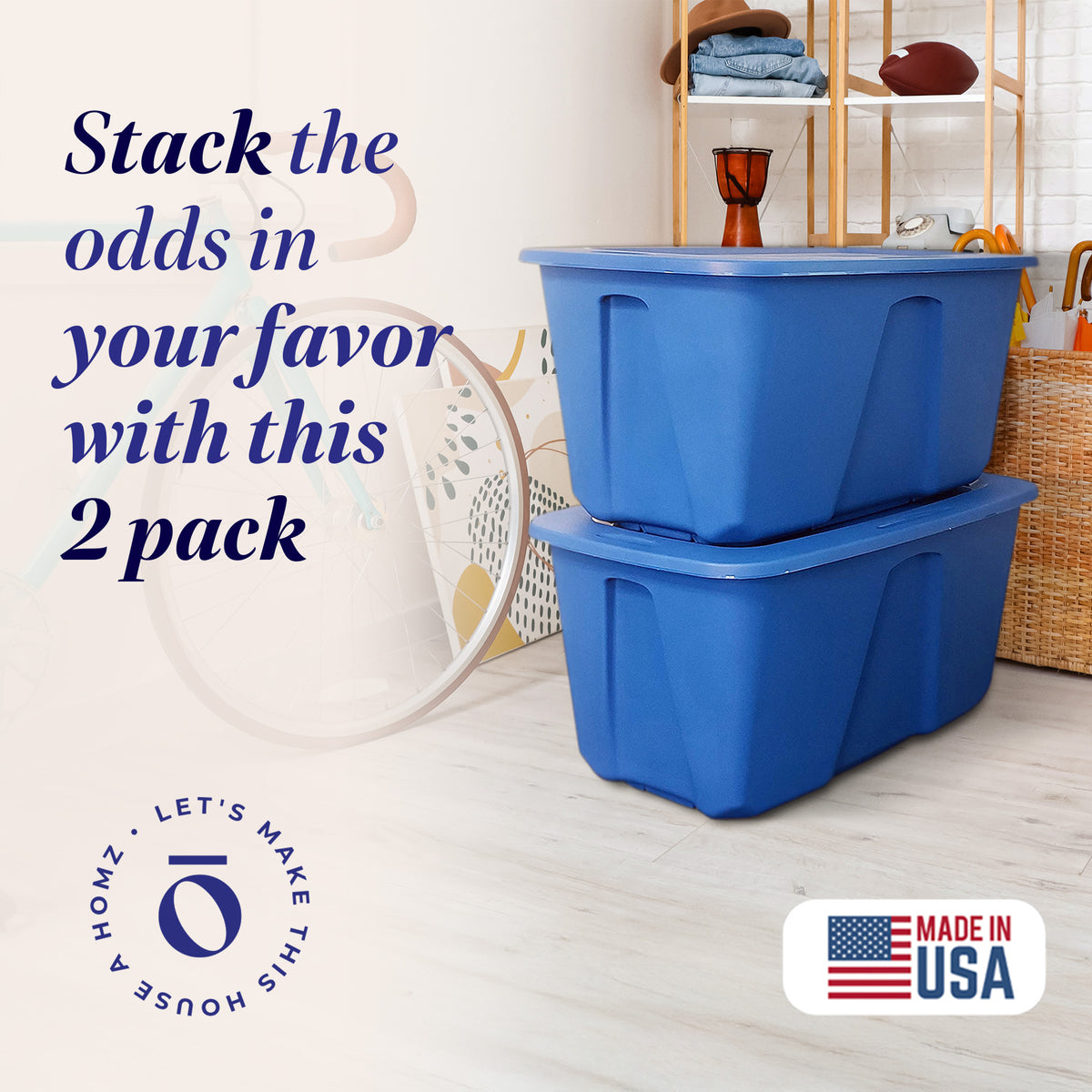 Homz 32 Gallon Standard Plastic Storage Container with Secure Lid, Blue, 2 Pack