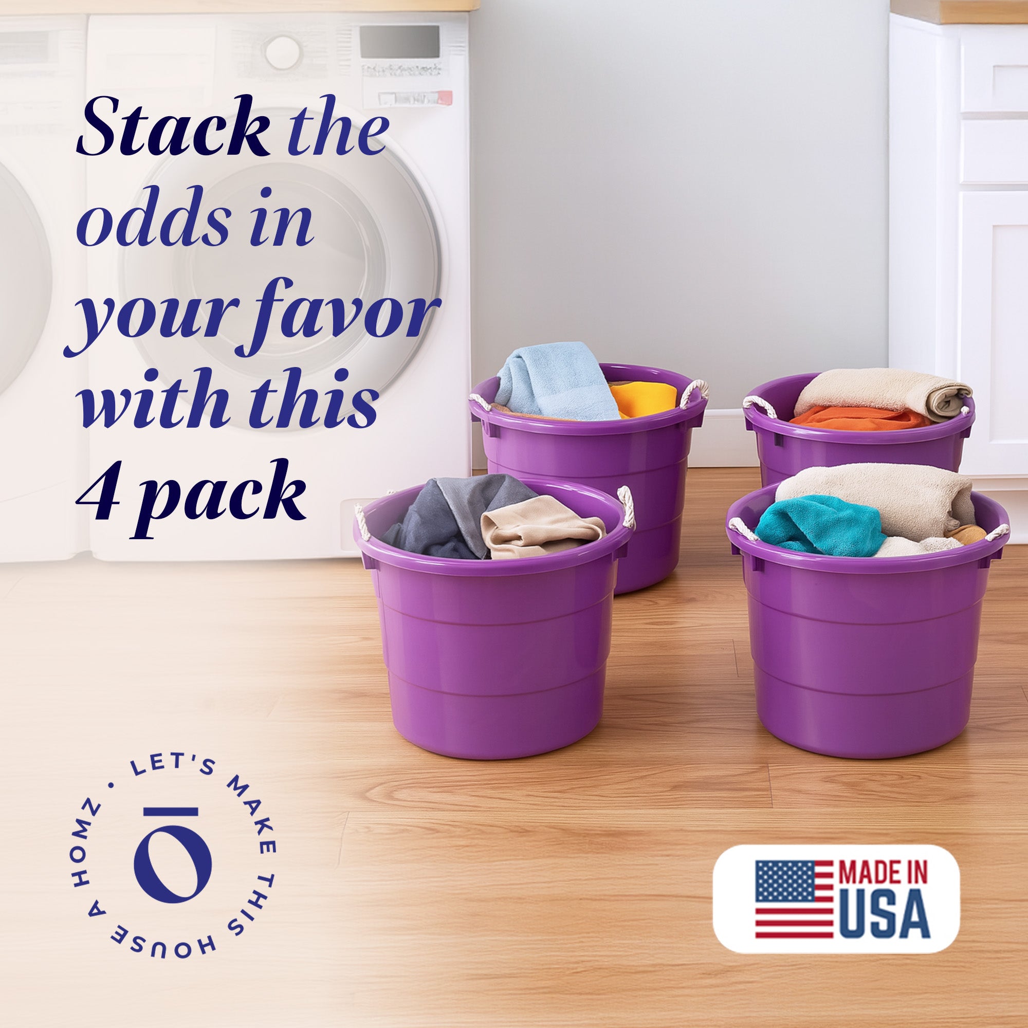 Homz 17 Gallon Indoor Outdoor Storage Bucket w/ Rope Handles, Orchid (4 Pack)