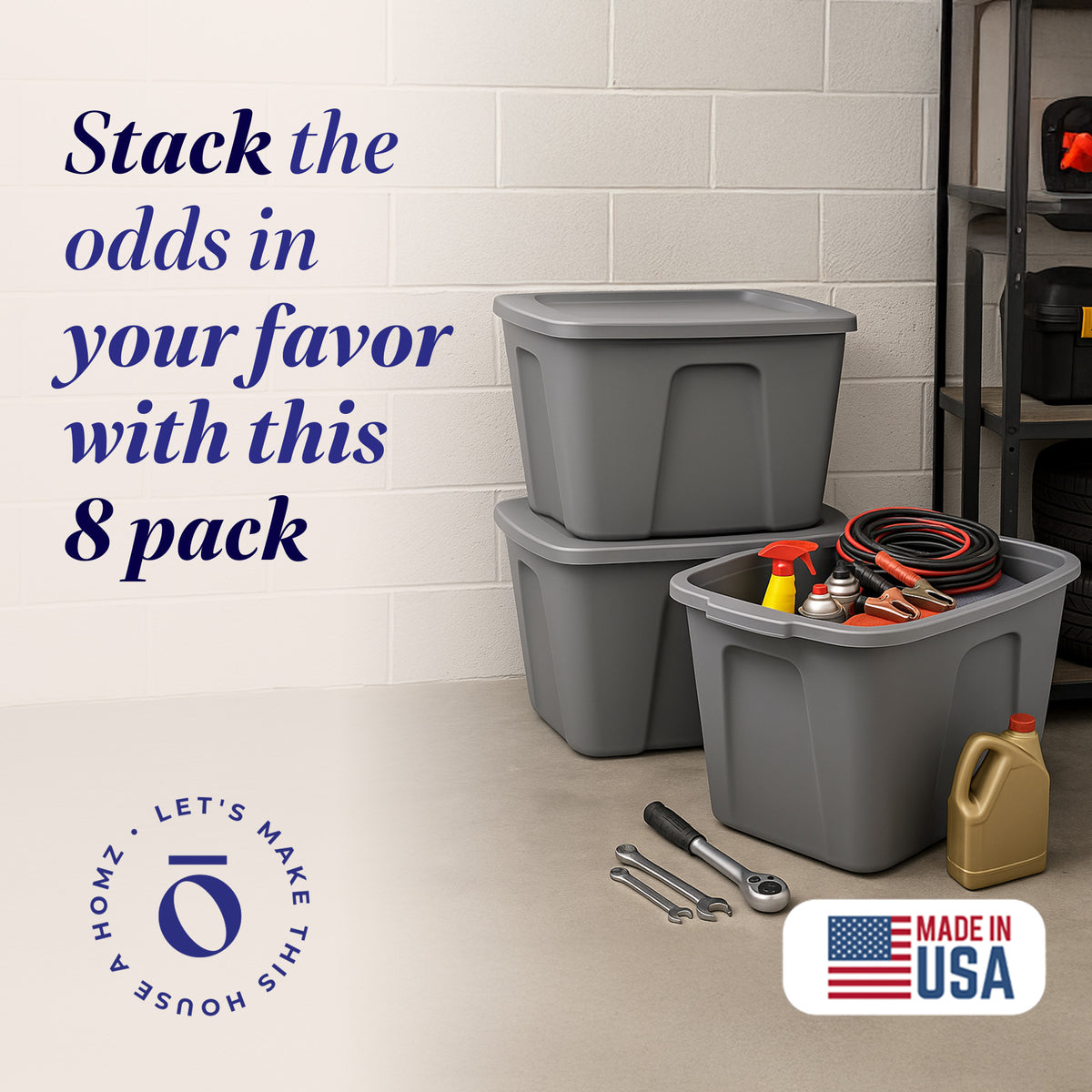 Homz 18-Gallon Stackable Plastic Storage Tote Container with Snap-On Lid, 8 Pack