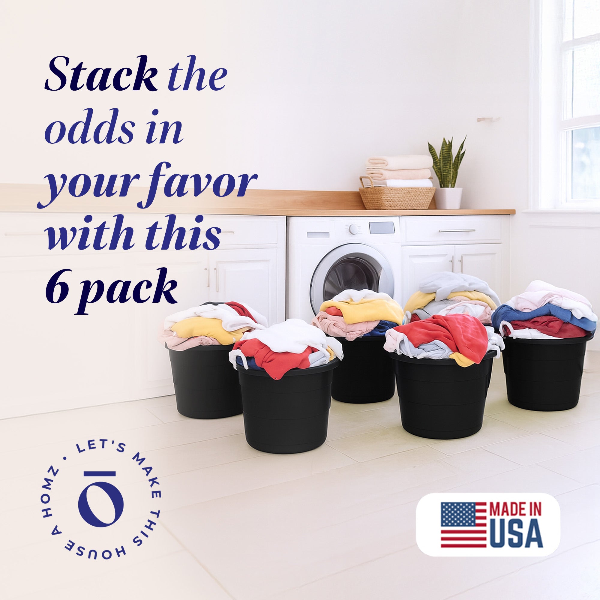 Homz 18 Gallon Plastic Utility Storage Bucket Tub w/ Rope Handles, Black, 6 Pack - VMInnovations