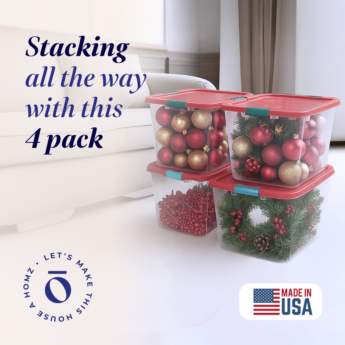 HOMZ 31 Quart Holiday Plastic Storage Container Bin with Latching Lid, 4 Pack