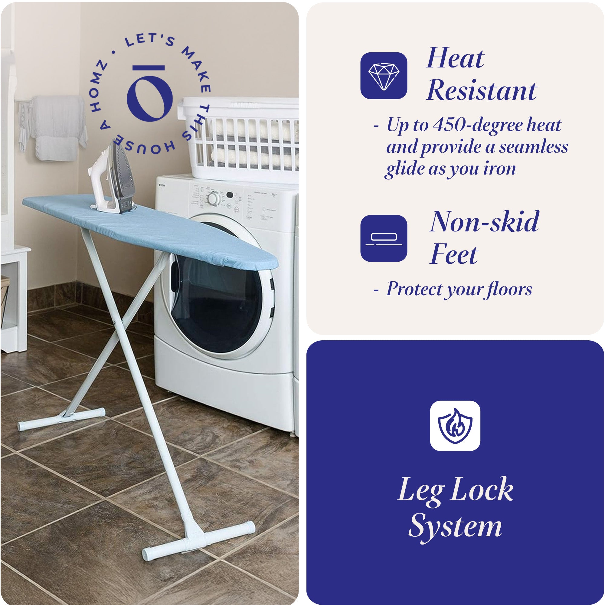 Homz Foldable Adjustable Ironing Board w/ Foam Pad & Cotton Cover, Blue (Used) - VMInnovations
