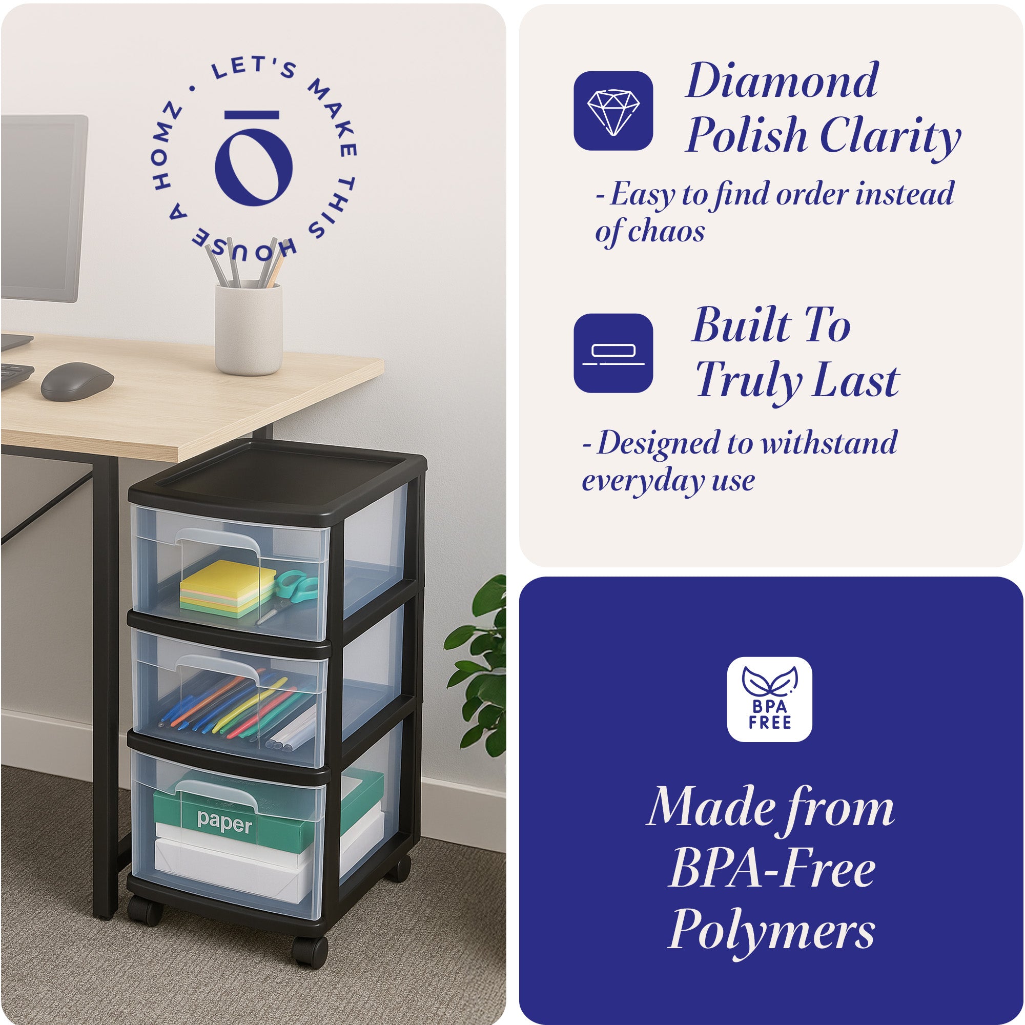 Homz Plastic 3 Drawer Medium Storage Tower, Clear Drawers & Black Frame (2 Pack)