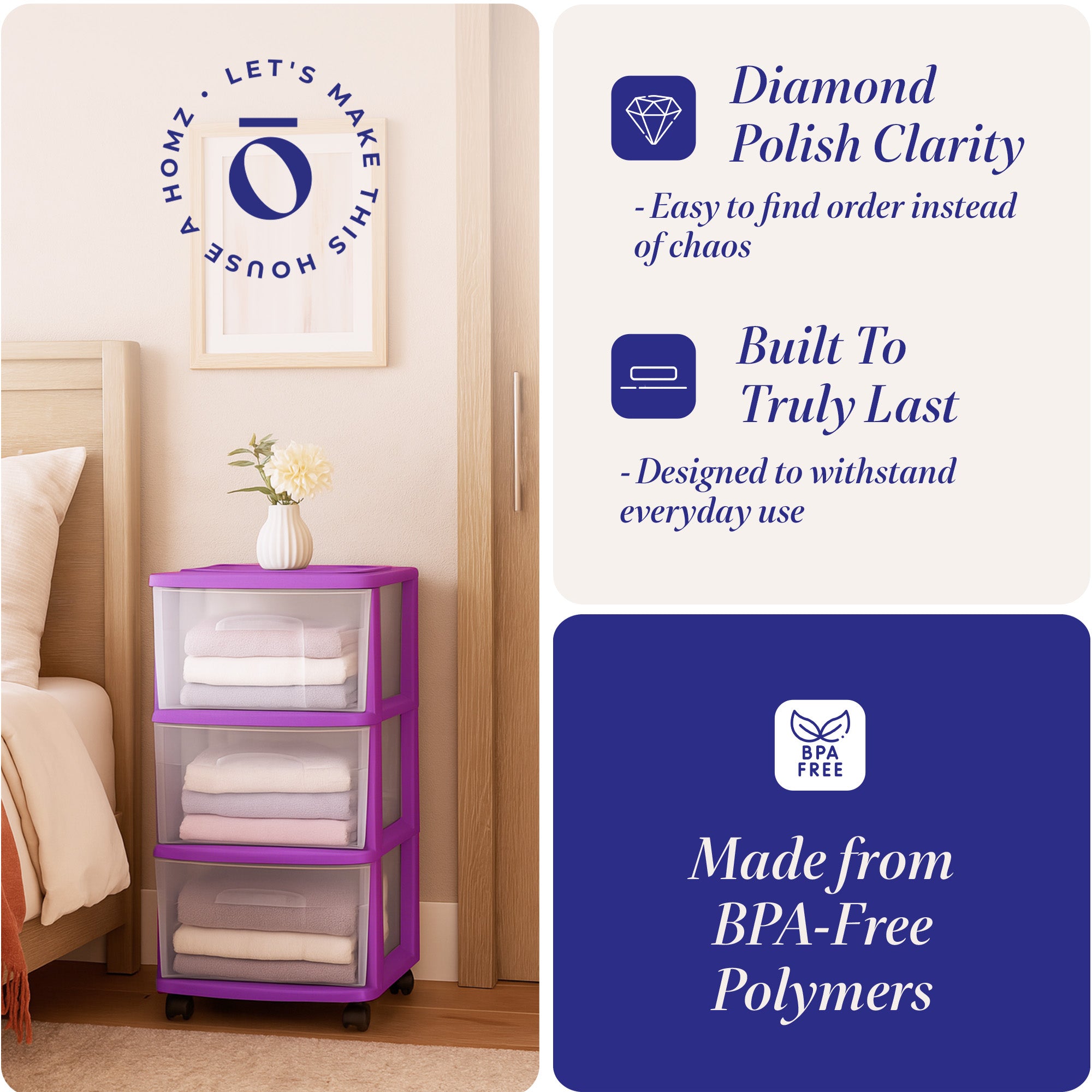 Homz Plastic 3 Drawer Medium Storage Container Tower, Purple Frame (2 Pack) - VMInnovations