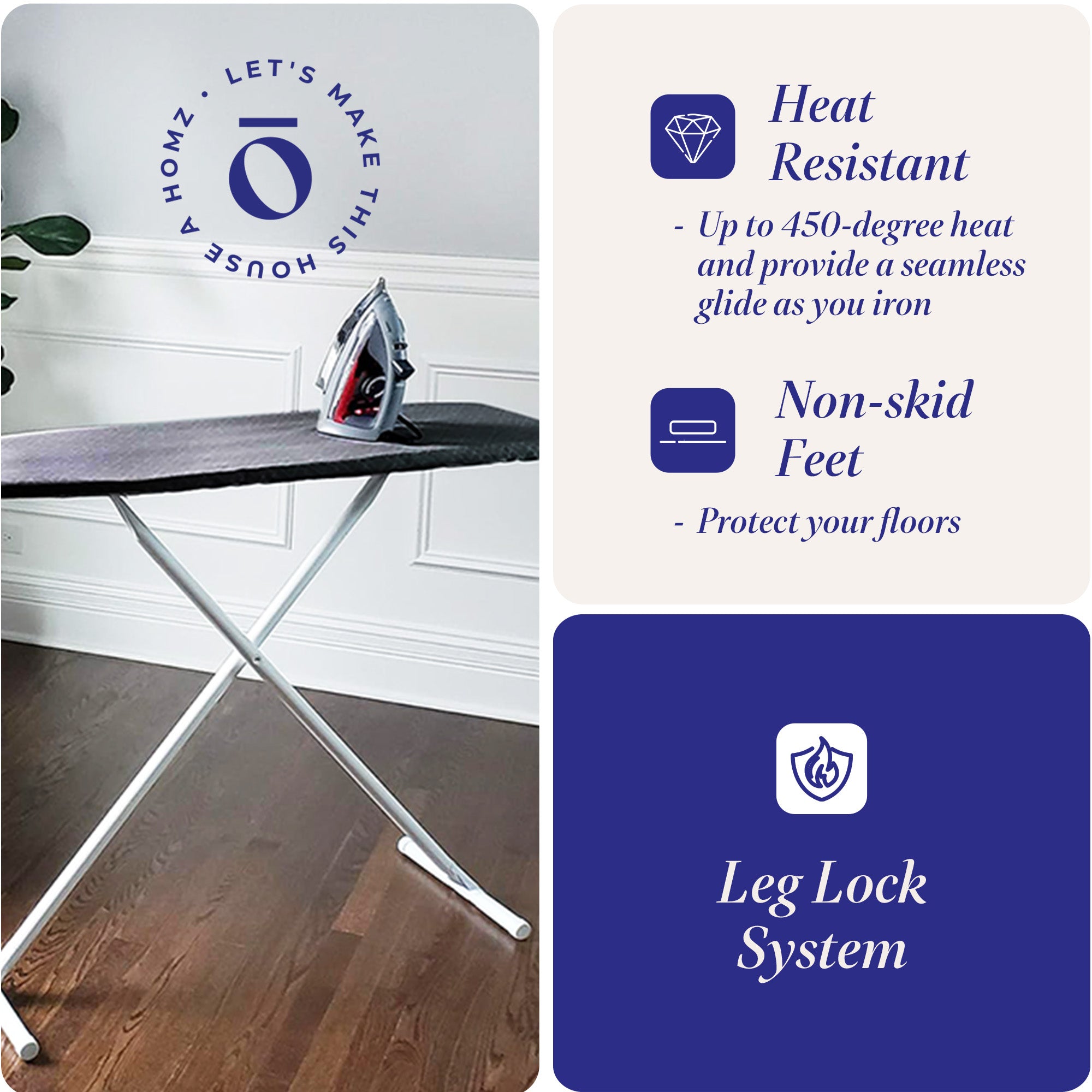 Homz T-Leg Foldable Adjustable Ironing Board with Foam Pad & Cotton Cover,Gray