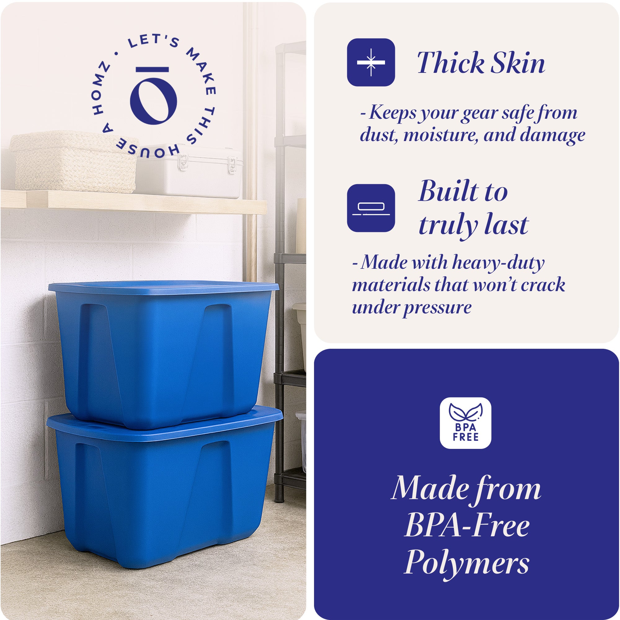 Homz 32 Gallon Standard Plastic Storage Container with Secure Lid, Blue, 2 Pack