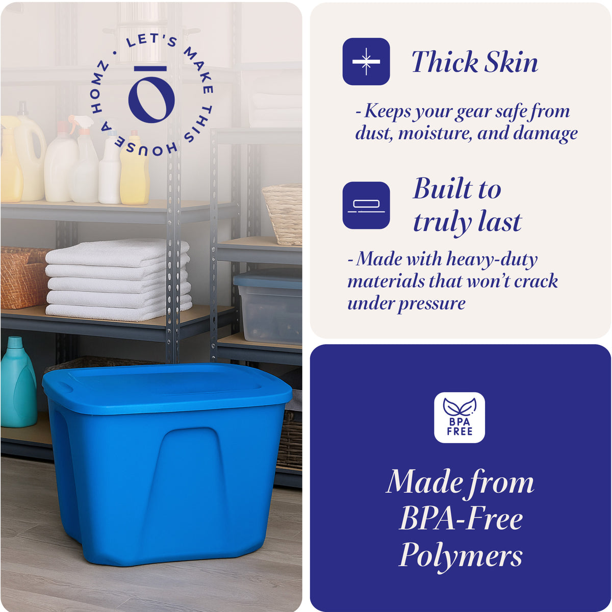 HOMZ 10 Gallon Heavy Duty Plastic Storage Container, Capri Blue (4 Pack)