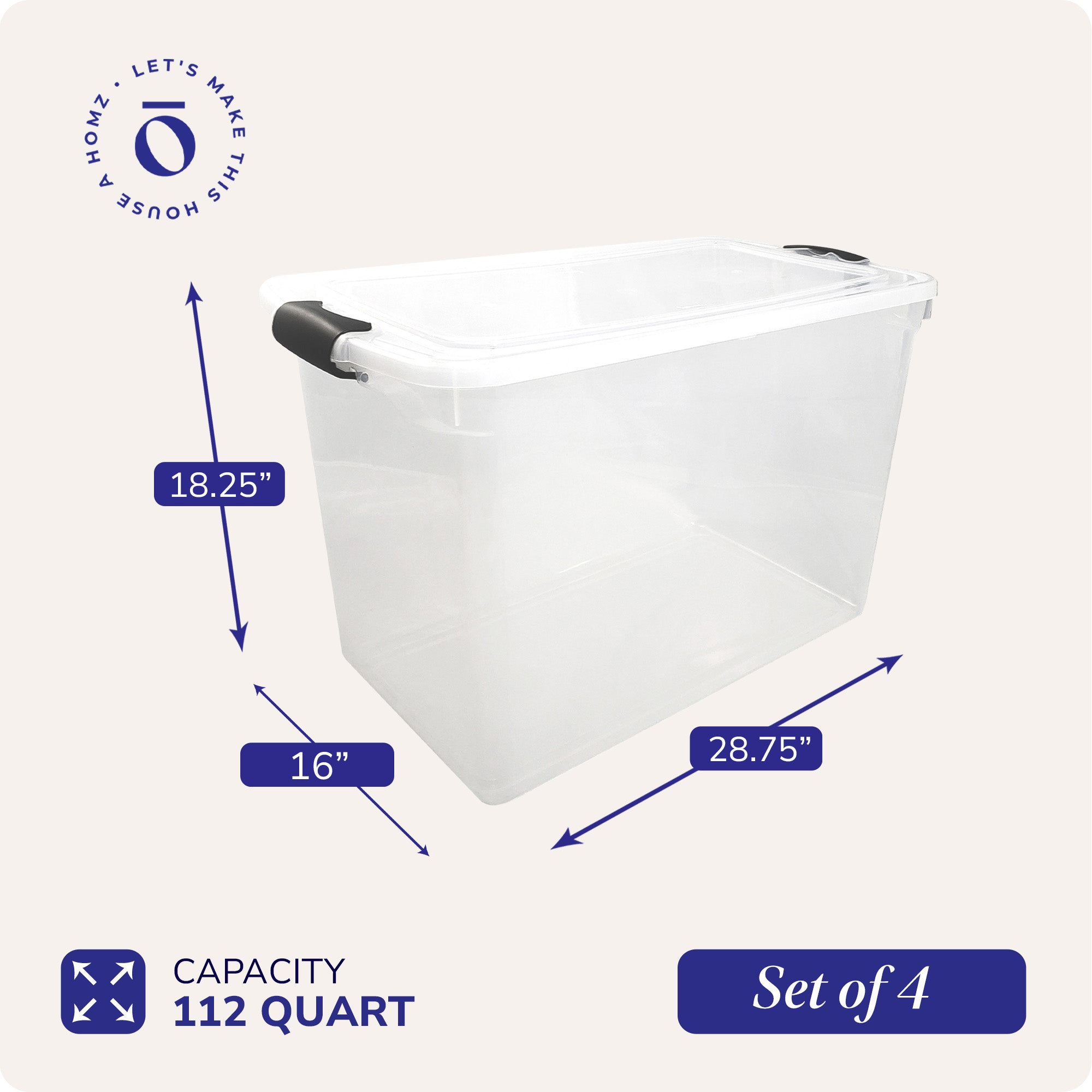 HOMZ 112 Quart Latching Plastic Storage Container, Extra Large, Clear (4 Pack)