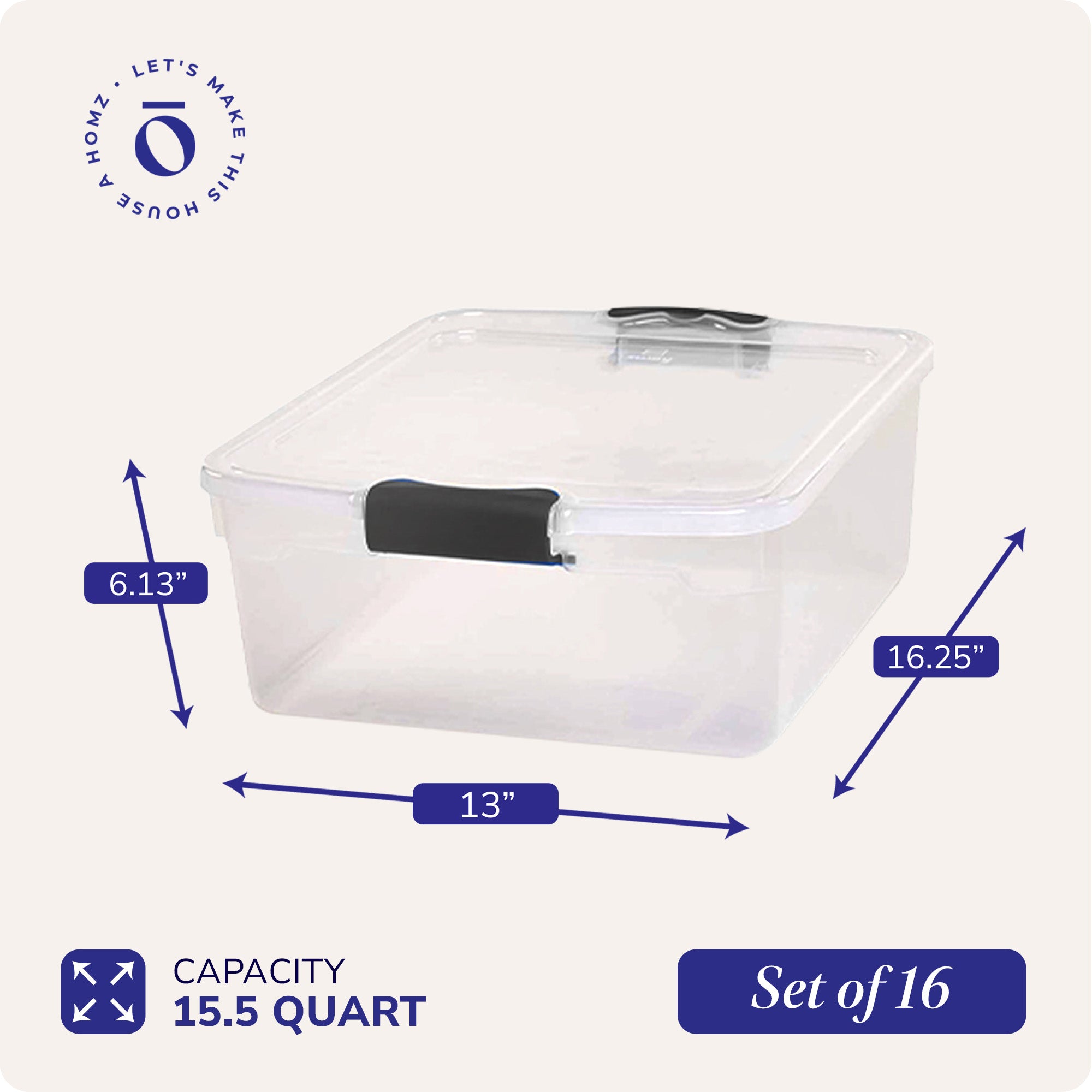 Homz 15.5 Qt Plastic Stackable Storage Container w/Lid, Gray Latch (16 Pack) - VMInnovations