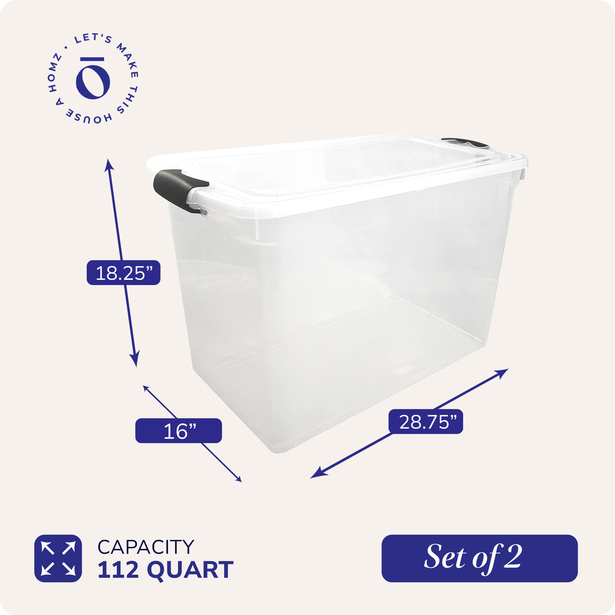 HOMZ 112 Quart Plastic Storage Container, Extra Large, Clear (2 Pack) (Used)