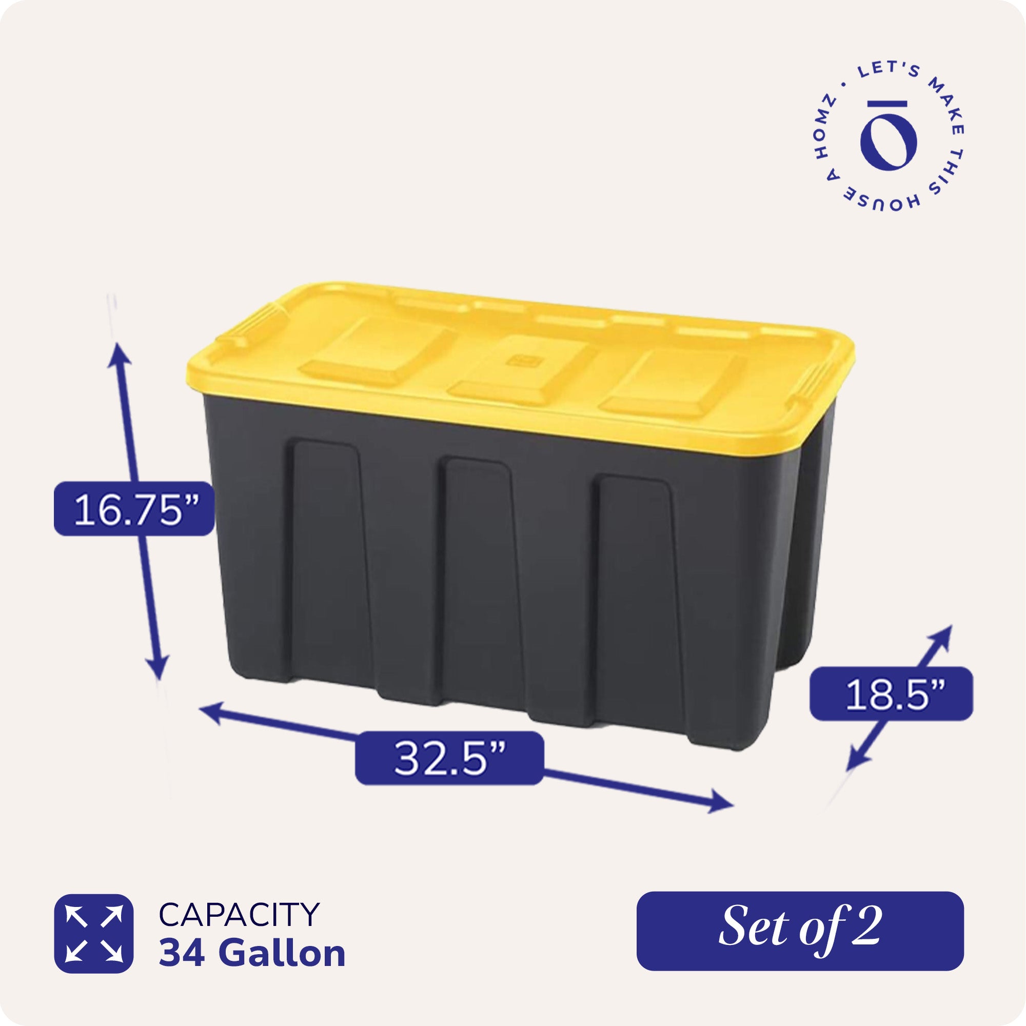 Homz 34 Gal Durabilt Home Storage Container w/Lid, Black/Yellow (2Pk) (Open Box) - VMInnovations