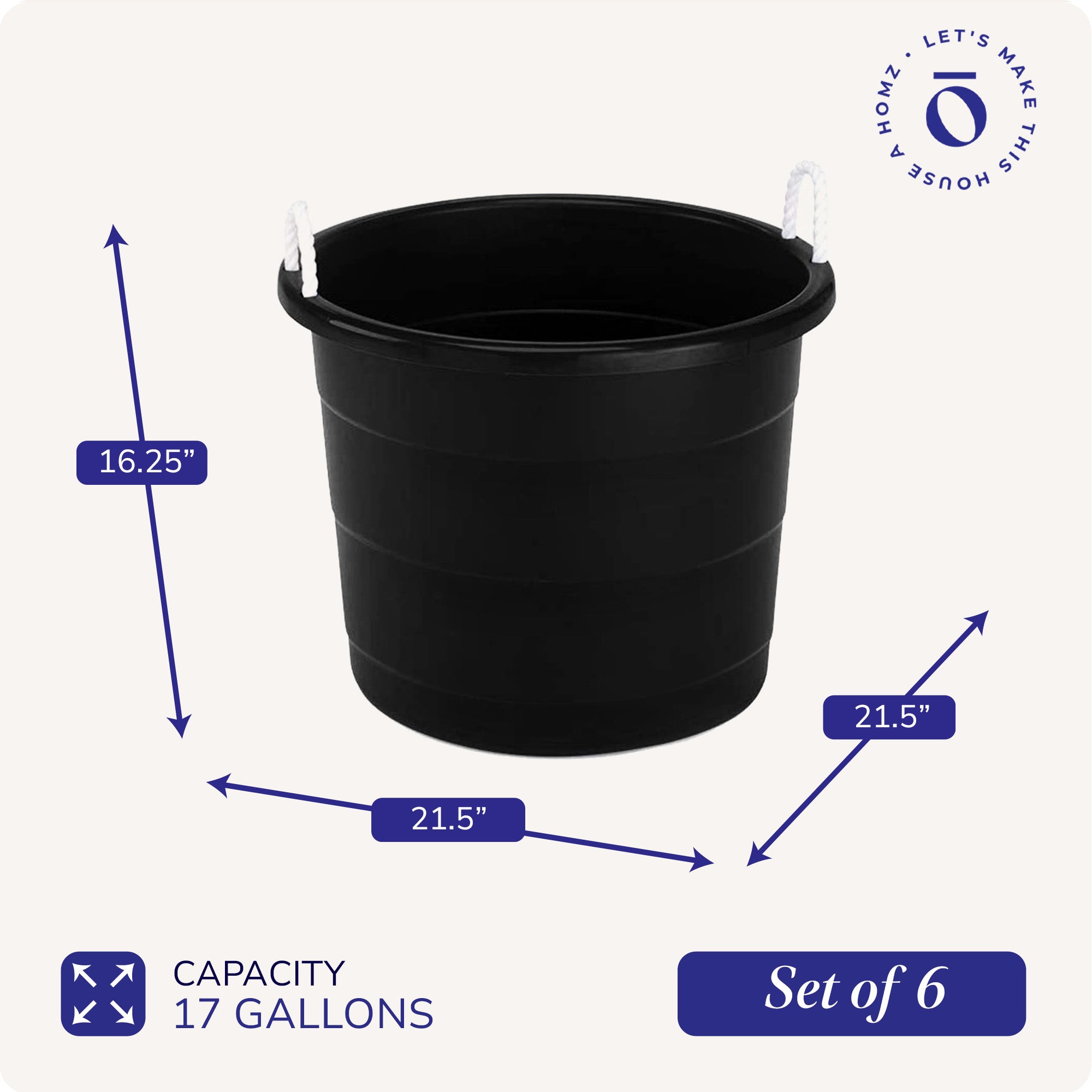Homz 17 Gal Plastic Open Storage Round Utility Tub with Handles, Black (3 Pack)