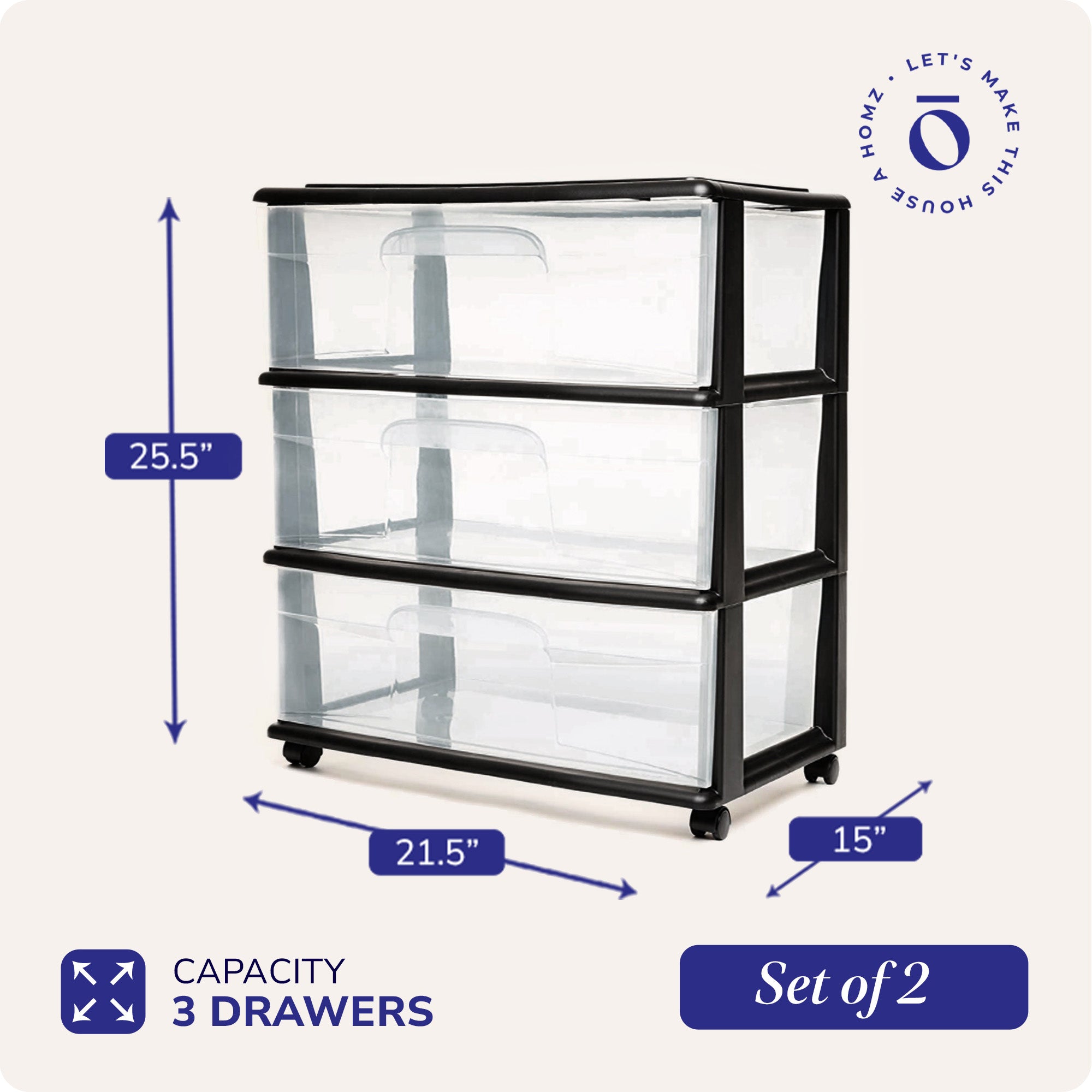 Homz Tall Solid Plastic 3 Drawer Medium Storage Cart with Wheels, Black (2 Pack) - VMInnovations