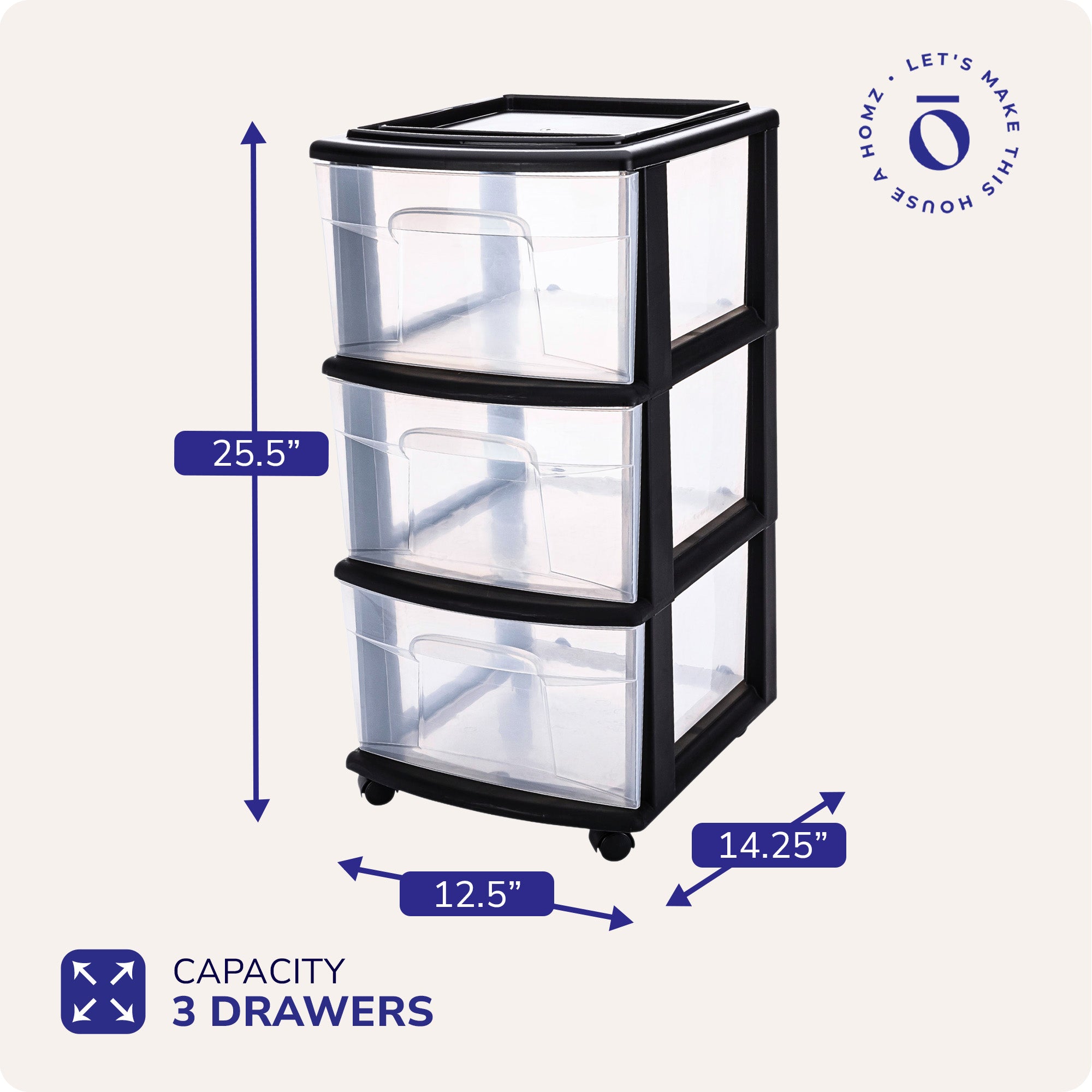 Homz 3 Drawer Home Storage Container, Clear Drawers & Black Frame (Open Box)