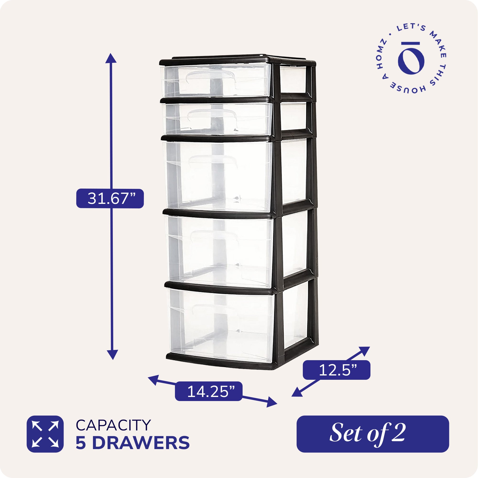 Plastic 5 Drawer Medium Home Storage Container Tower, Black Frame, 2 Pack (Used)