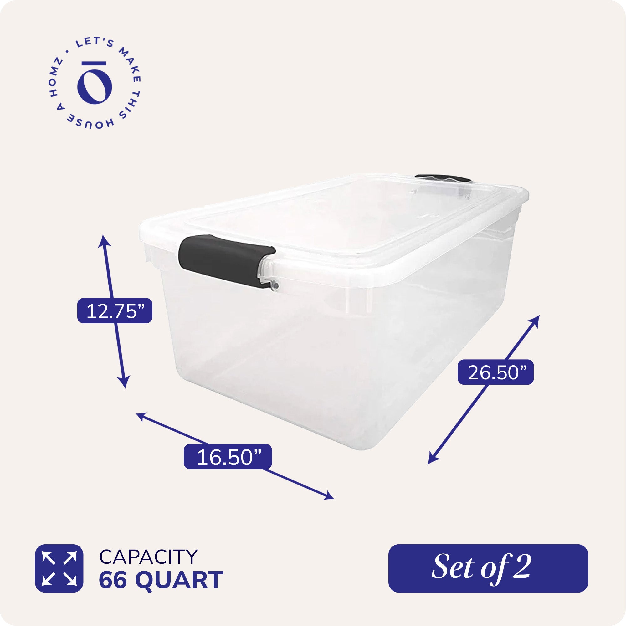 Homz 66Qt Clear Storage Container Bin with Latching Lids, (2 Pack) (Open Box)