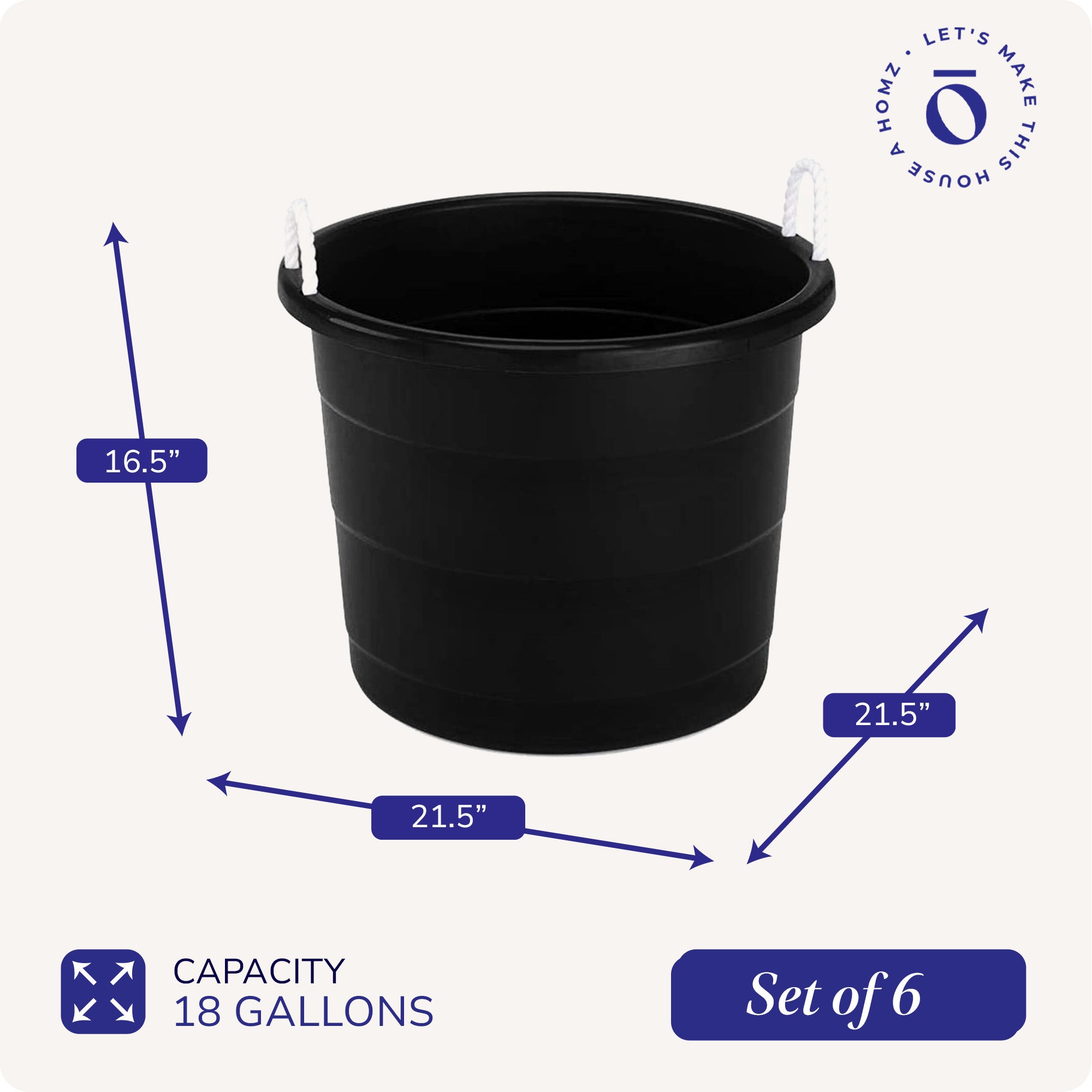 Homz 18 Gallon Plastic Utility Storage Bucket Tub w/ Rope Handles, Black, 6 Pack
