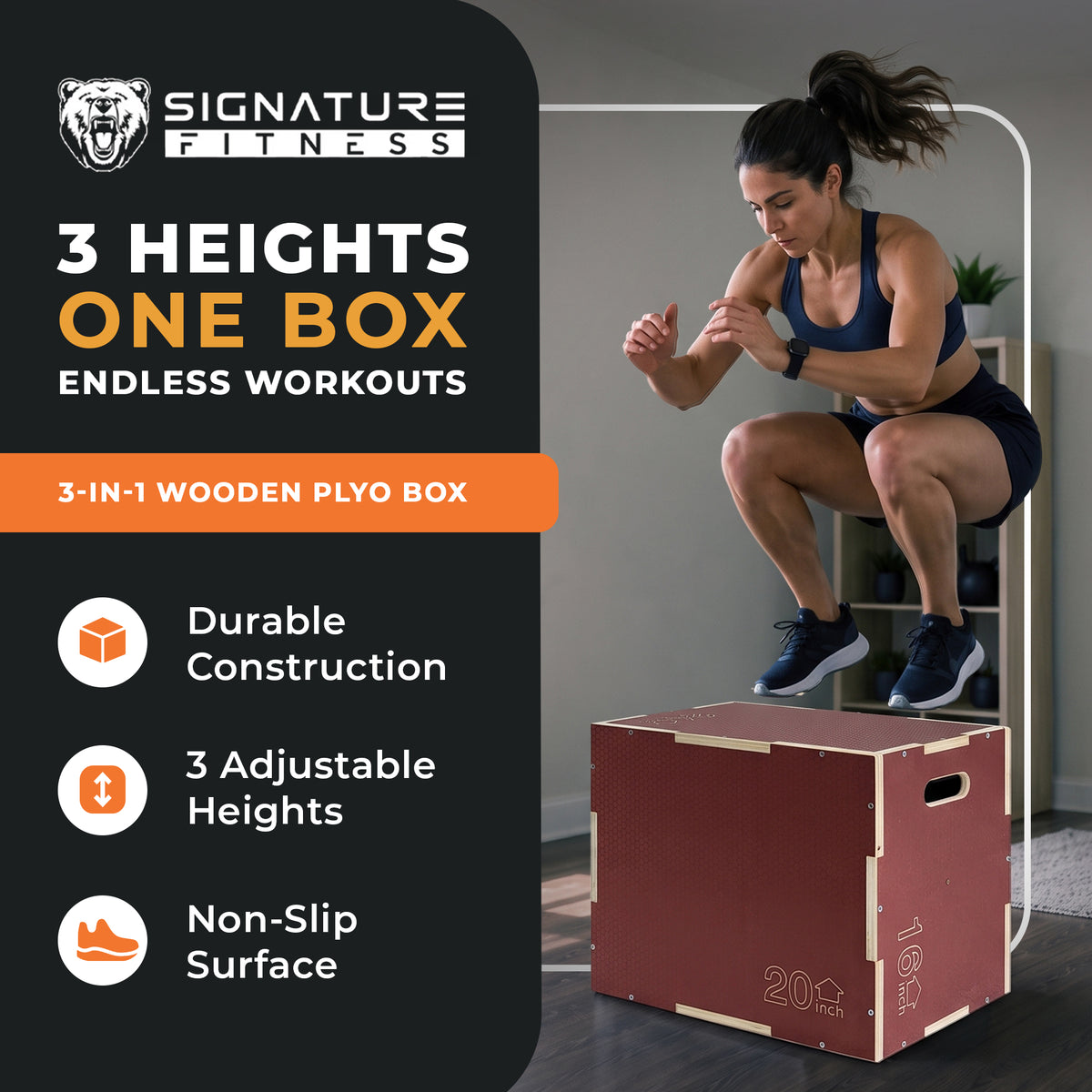 Signature Fitness 16"x20"x24" Non-Slip Wooden Plyo Box Jump Exercise Platform