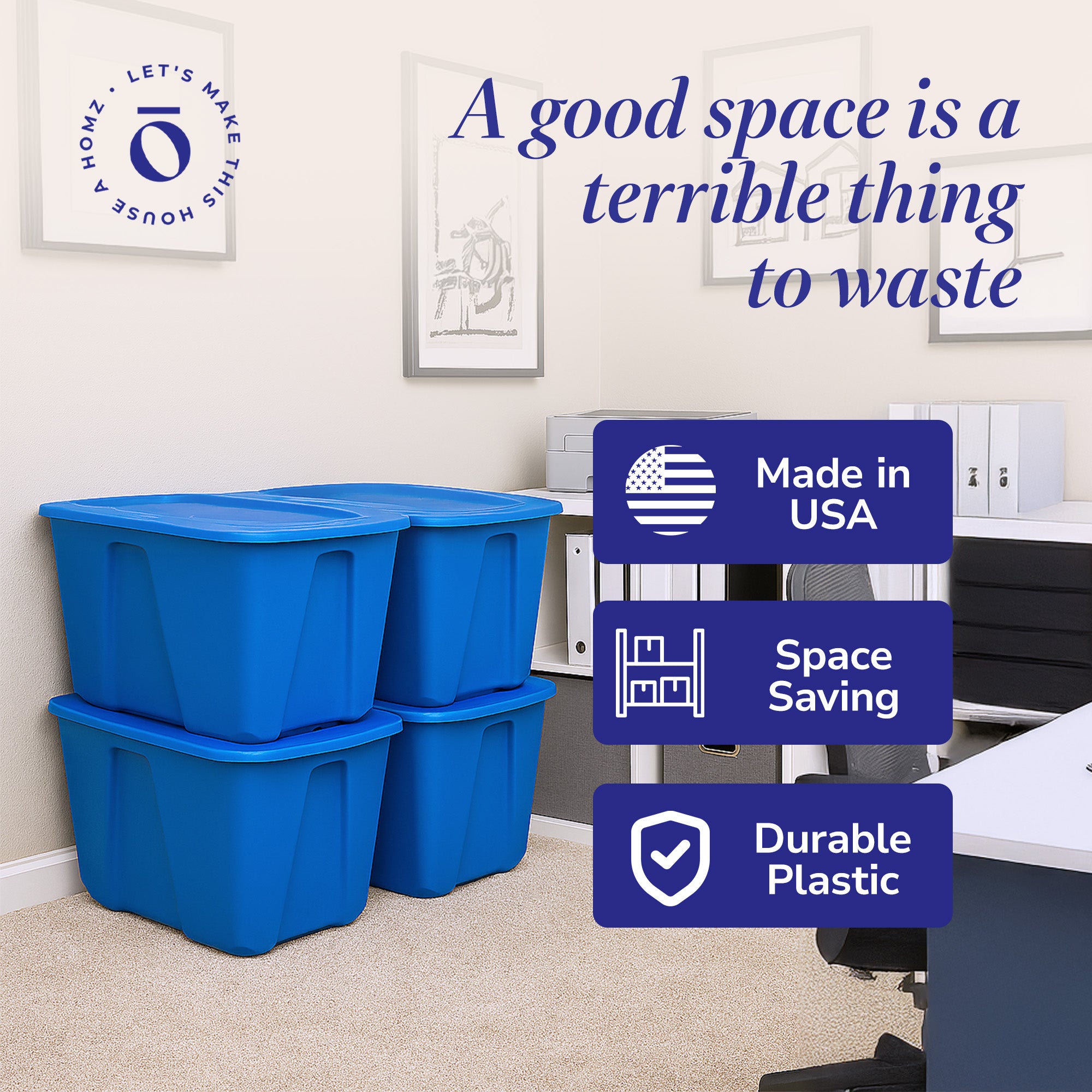 Homz 32 Gallon Standard Plastic Storage Container with Secure Lid, Blue, 4 Pack - VMInnovations