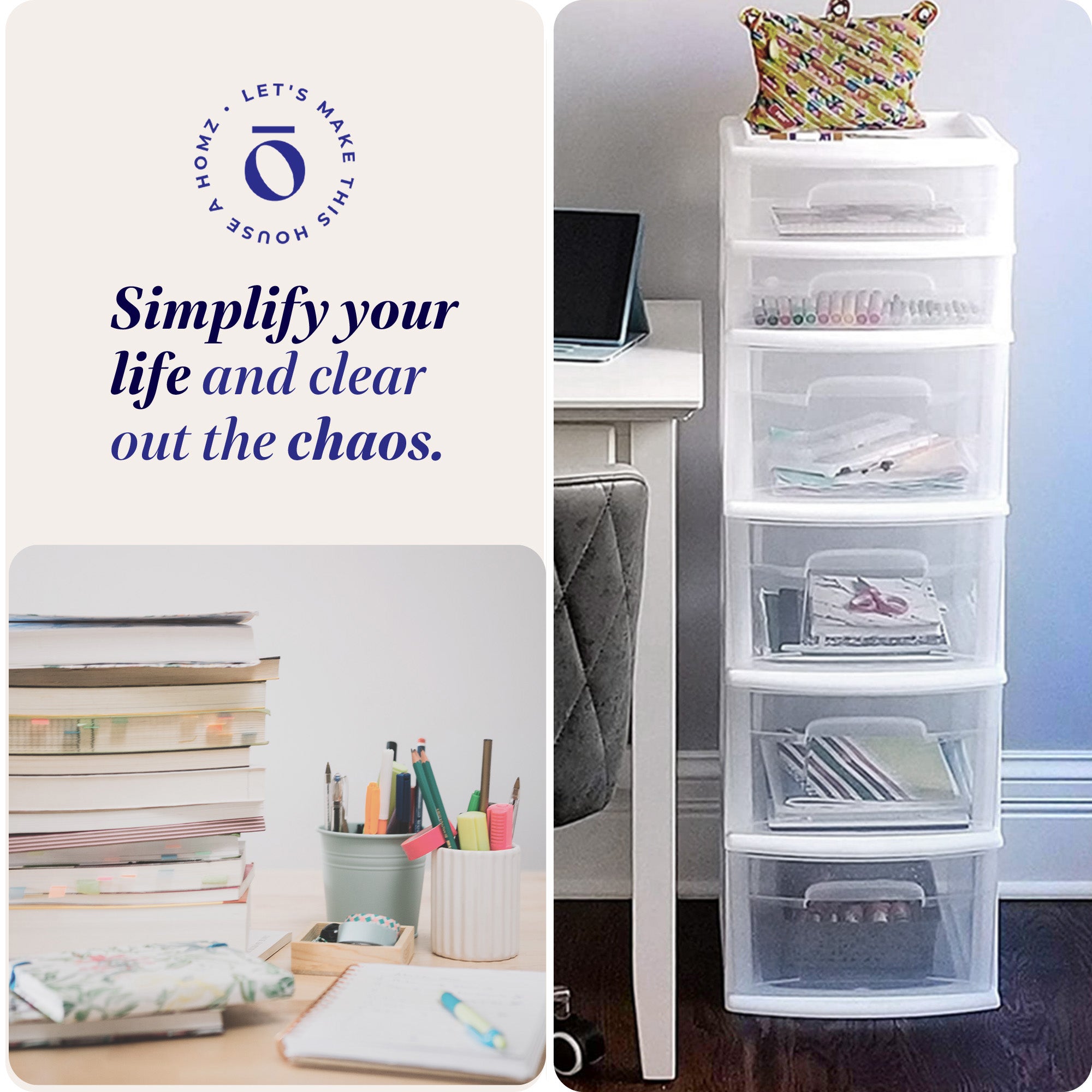 Homz Plastic 6 Clear Drawer Medium Home Storage Container Tower, White Frame
