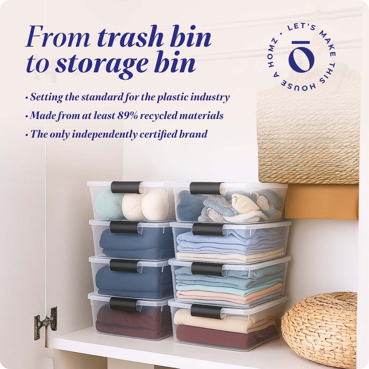 Homz 15.5 Qt Plastic Stackable Home Storage Container w/Lid, Gray Latch (8 Pack)