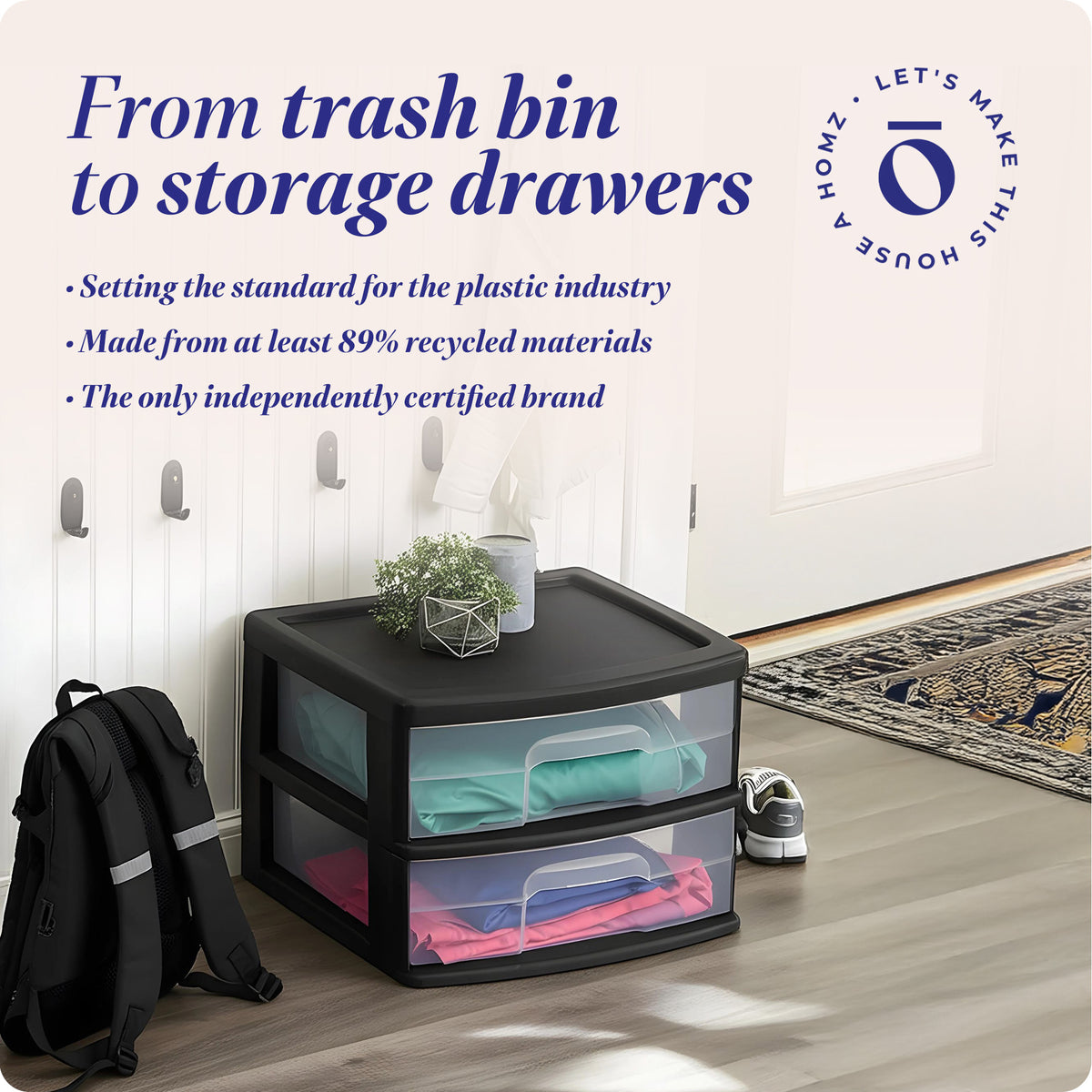 Homz Plastic 2 Drawer Medium Storage Cart, Black Frame with Clear Drawer, 2 Pack