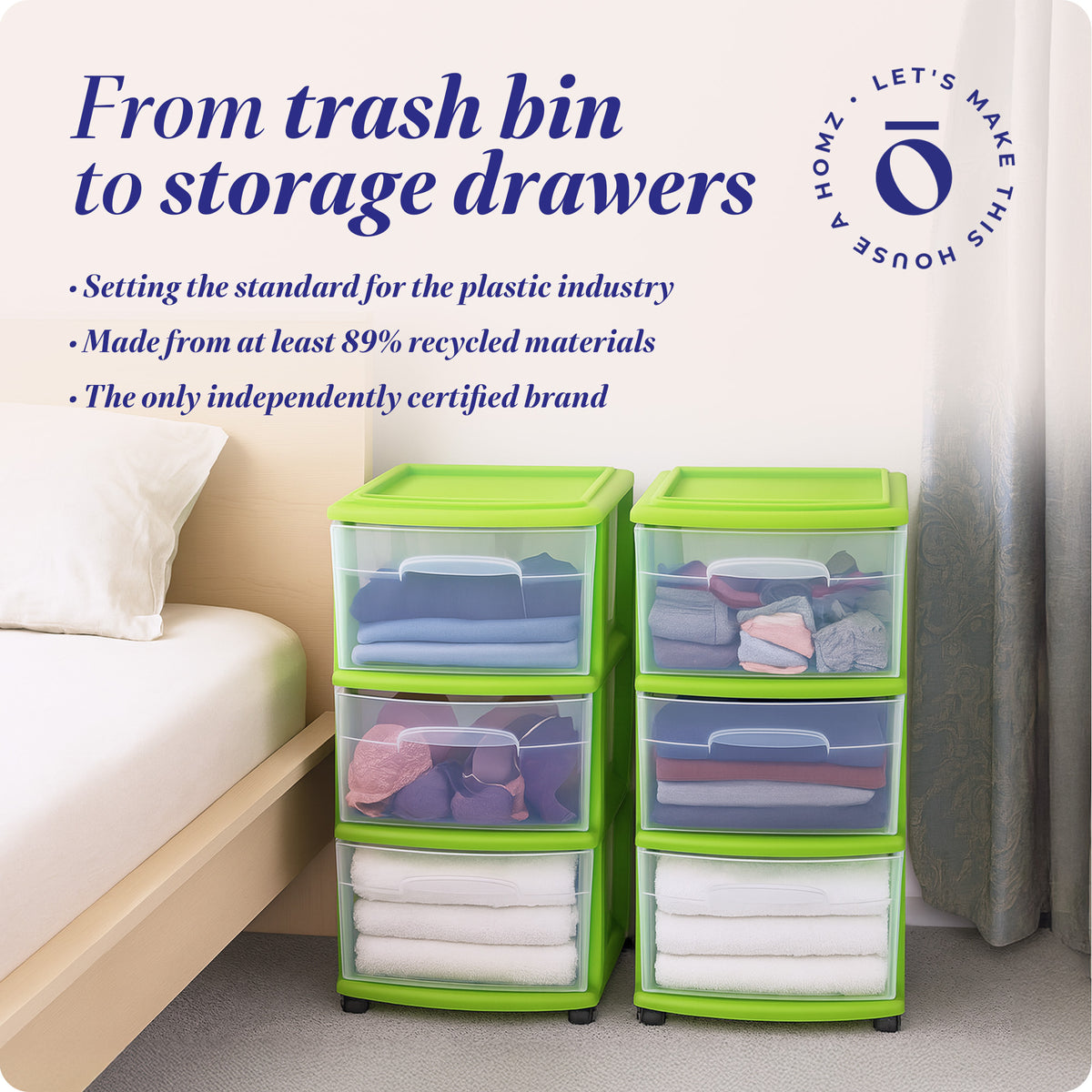 Homz 3 Drawer Medium Storage Container Tower, Clear Drawers/Lime Frame (2 Pack)