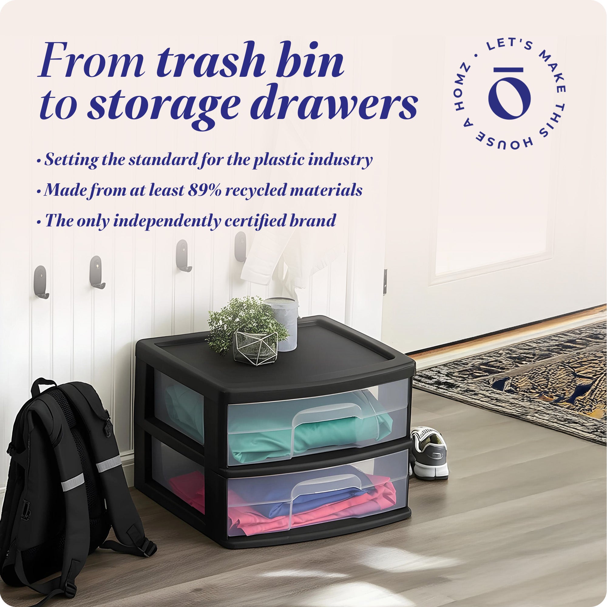 Homz Plastic 2 Drawer Medium Storage Cart, Black Frame with Clear Drawer, 2 Pack