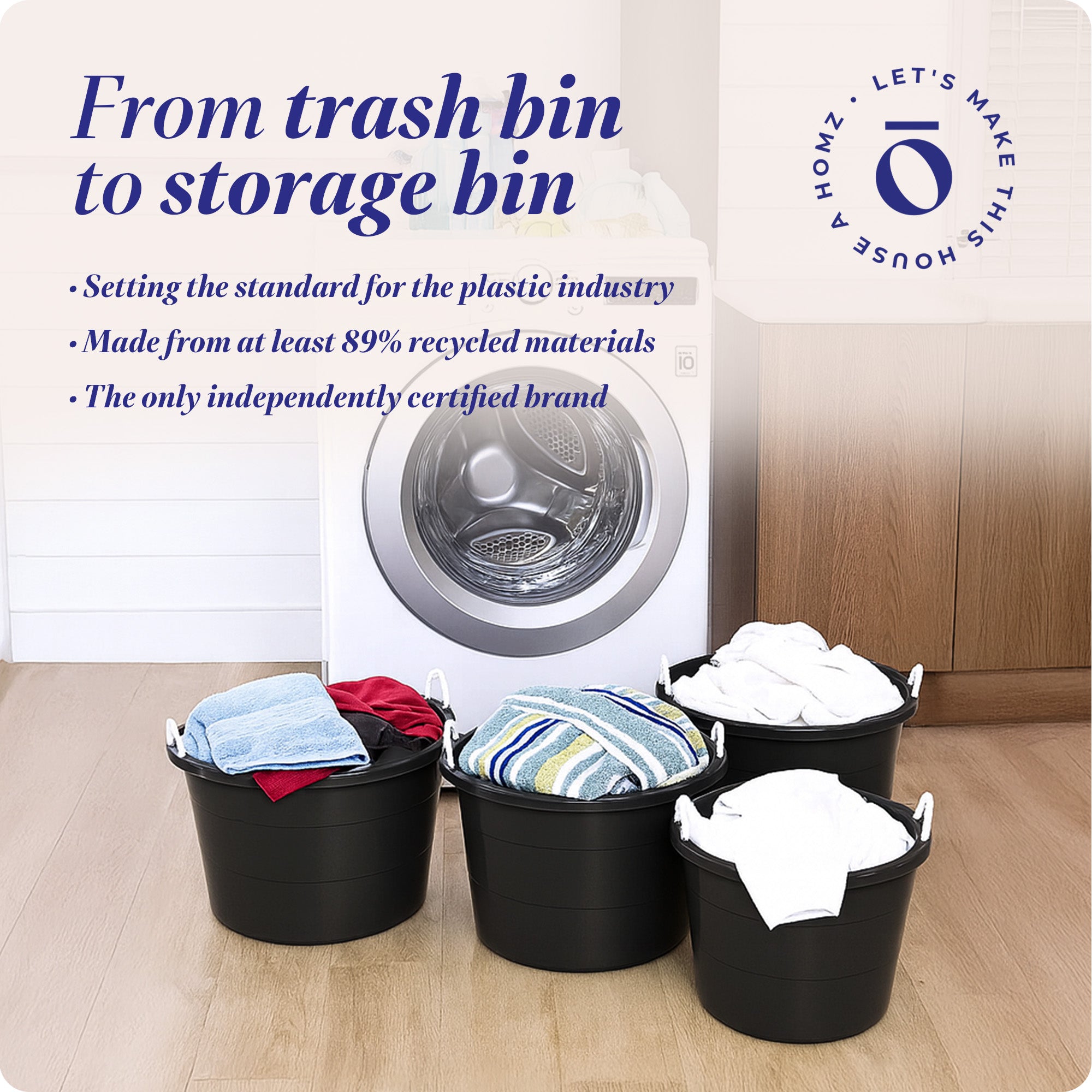 Homz 17 Gal Plastic Open Storage Round Utility Tub with Handles, Black (3 Pack)