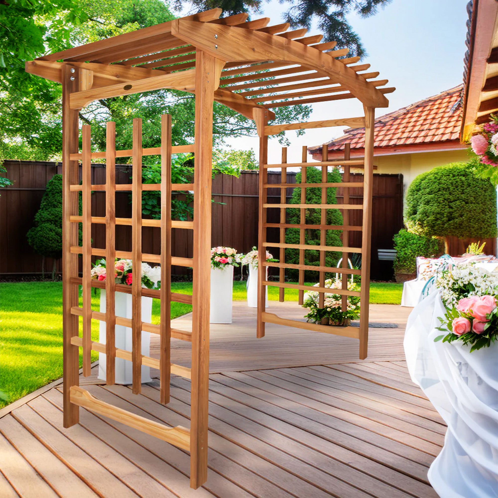 All Things Cedar 8-Foot Pagoda Arbor Garden Arch Trellis for Climbing Plants - VMInnovations