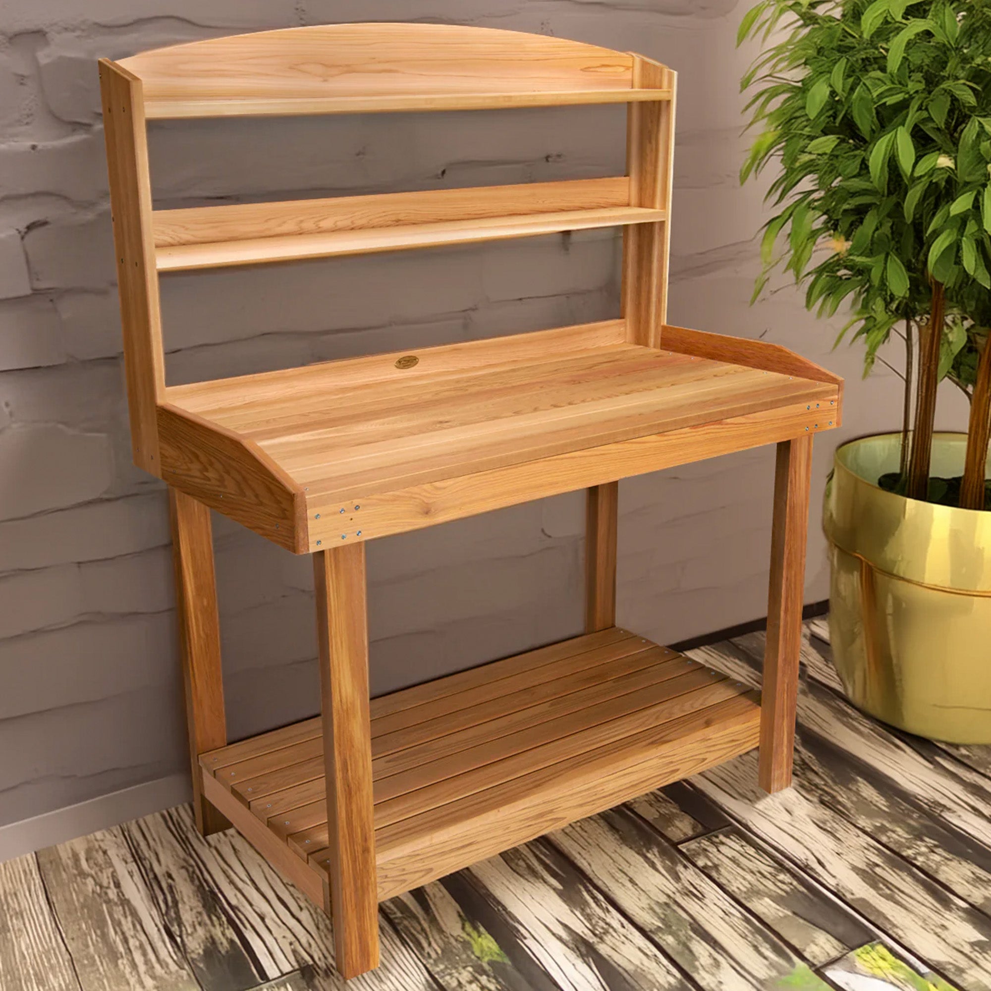 All Things Cedar Wood Half Moon Accent Console Table with Storage Shelf, Cherry - VMInnovations