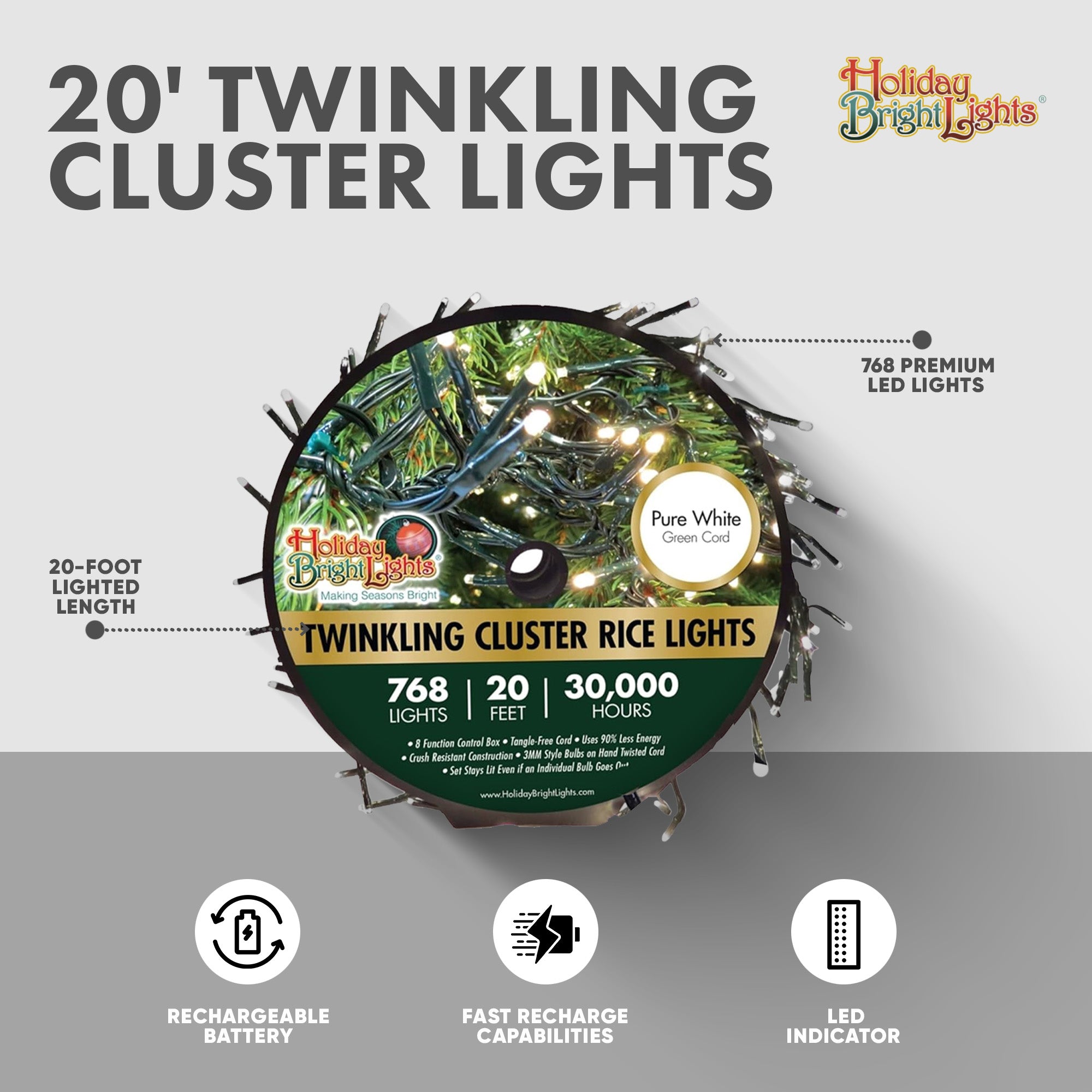 Holiday Bright Lights 2 Pack 20 Foot Twinkling Cluster Indoor/Outdoor Lights
