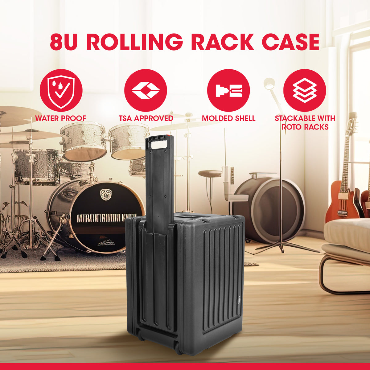 SKB 8U rSeries Shallow Rolling Rack with Integrated Back Wheels and Pull Handle