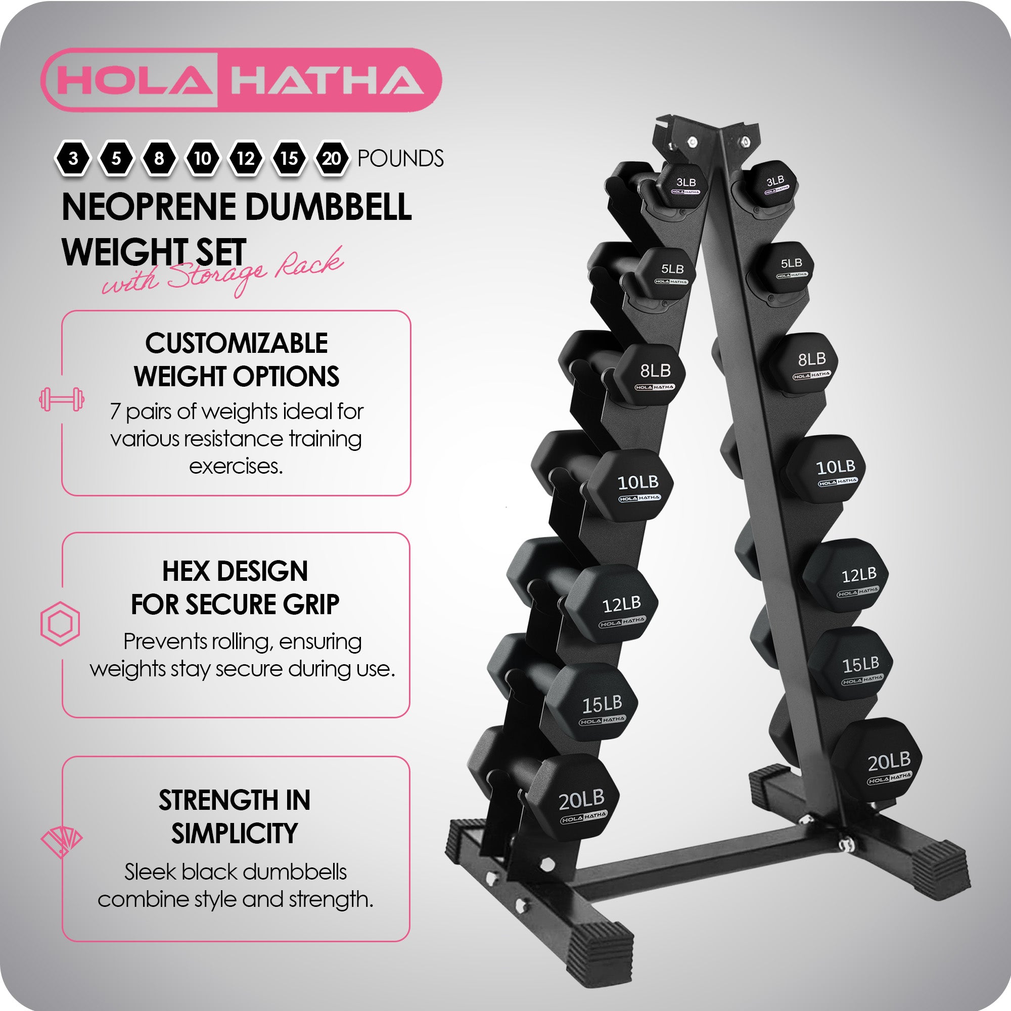 HolaHatha 146 Pound Neoprene Dumbbell Full Body Weight Set with Storage Rack - VMInnovations