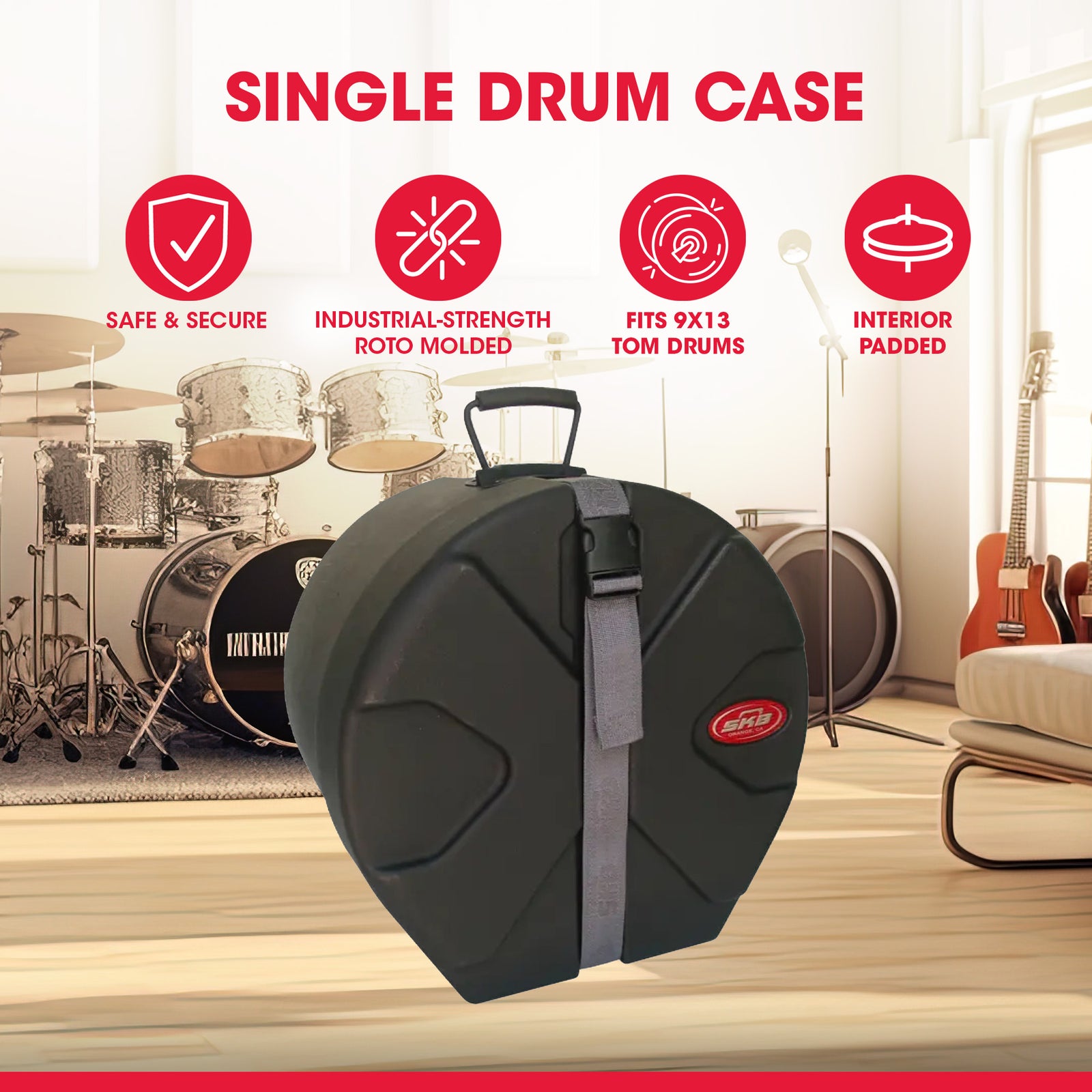 SKB 9" x 13" Tom Case with Padded Interior and D-Shaped Drum Design, Black - VMInnovations