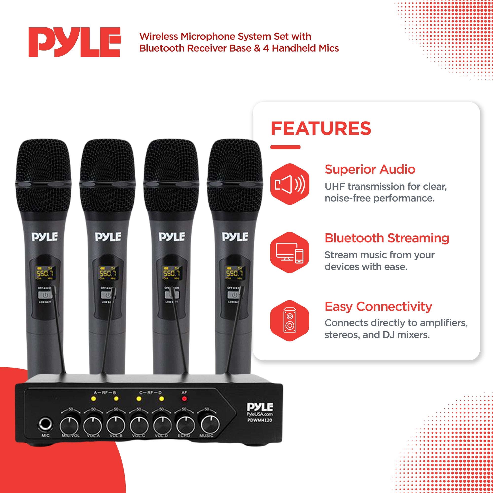 Pyle Wireless Microphone System Set Bluetooth Receiver Base & 4 Mics (Open Box)