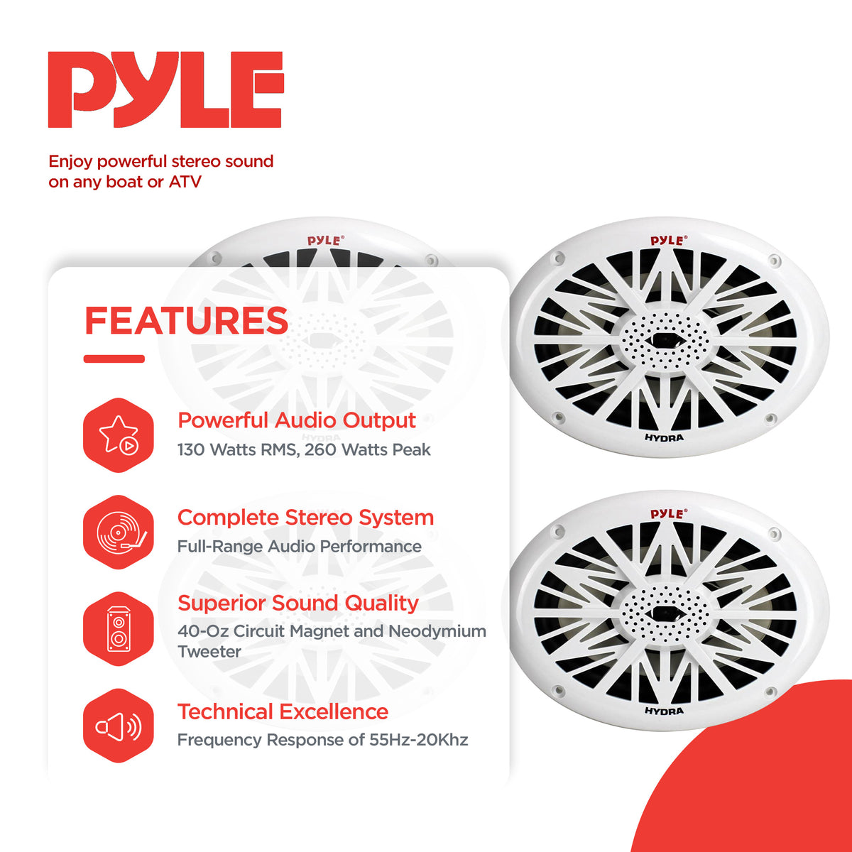 Pyle 260 Watts 4 Ohms Water Resistant 2 Way Boat Marine Speakers, White, 4 Pack