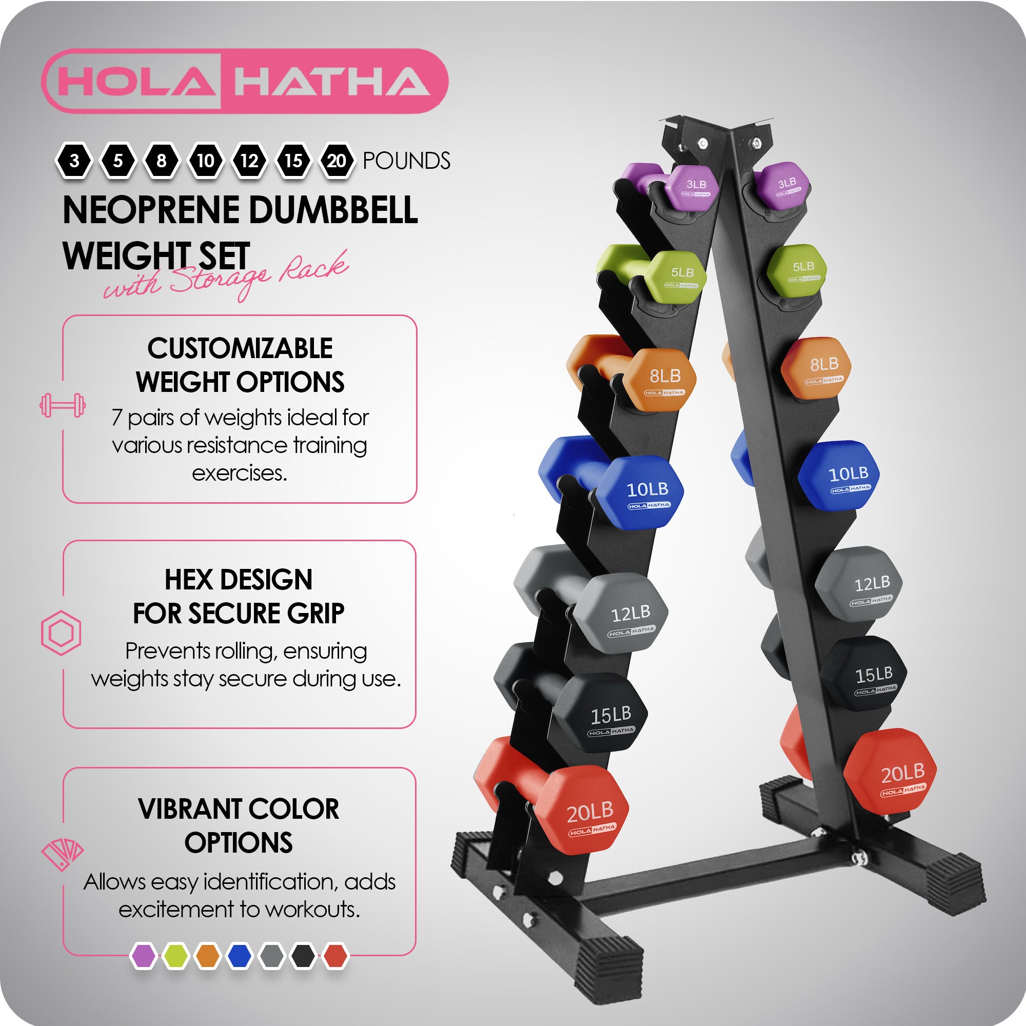 HolaHatha 146 Pound Neoprene Dumbbell Full Body Weight Set with Storage Rack - VMInnovations