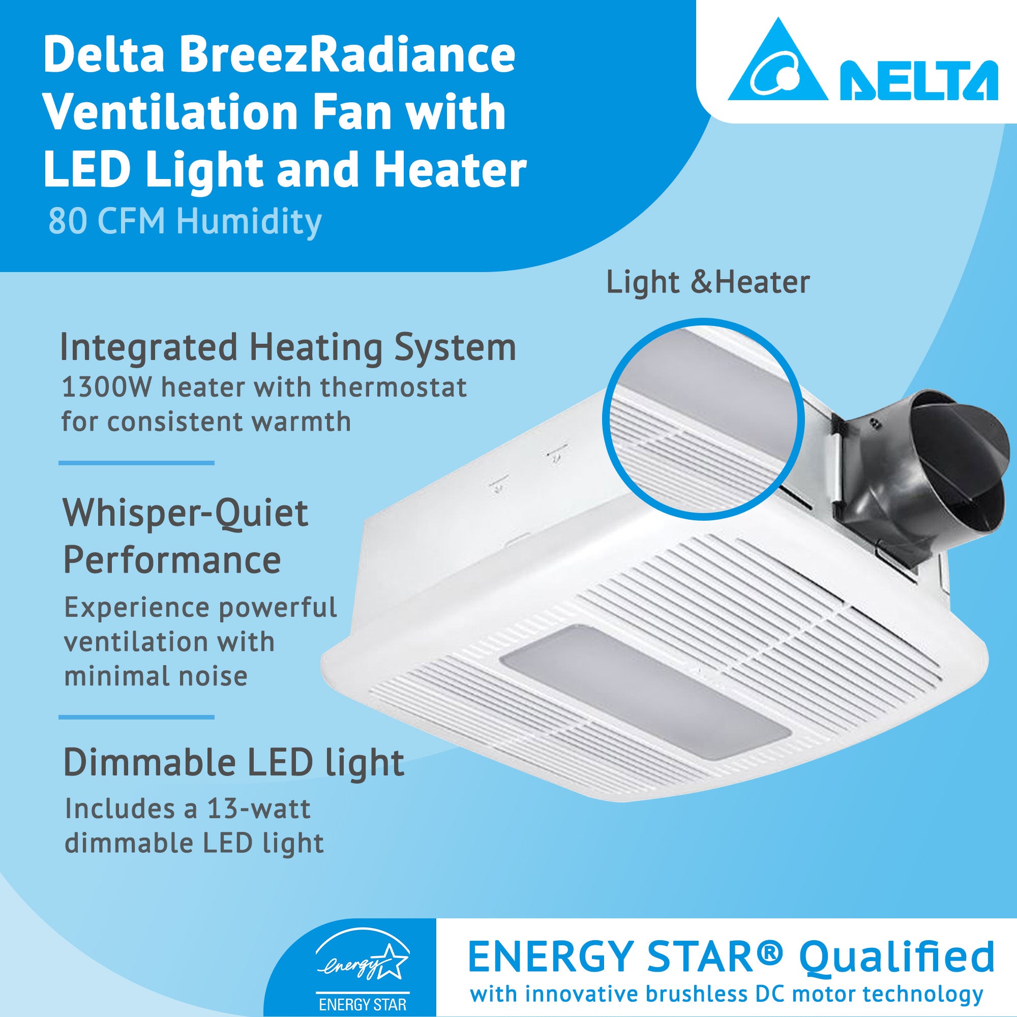 Delta Electronics 80 CFM Bath Fan LED Dimmable Light with Heater (Open Box) - VMInnovations